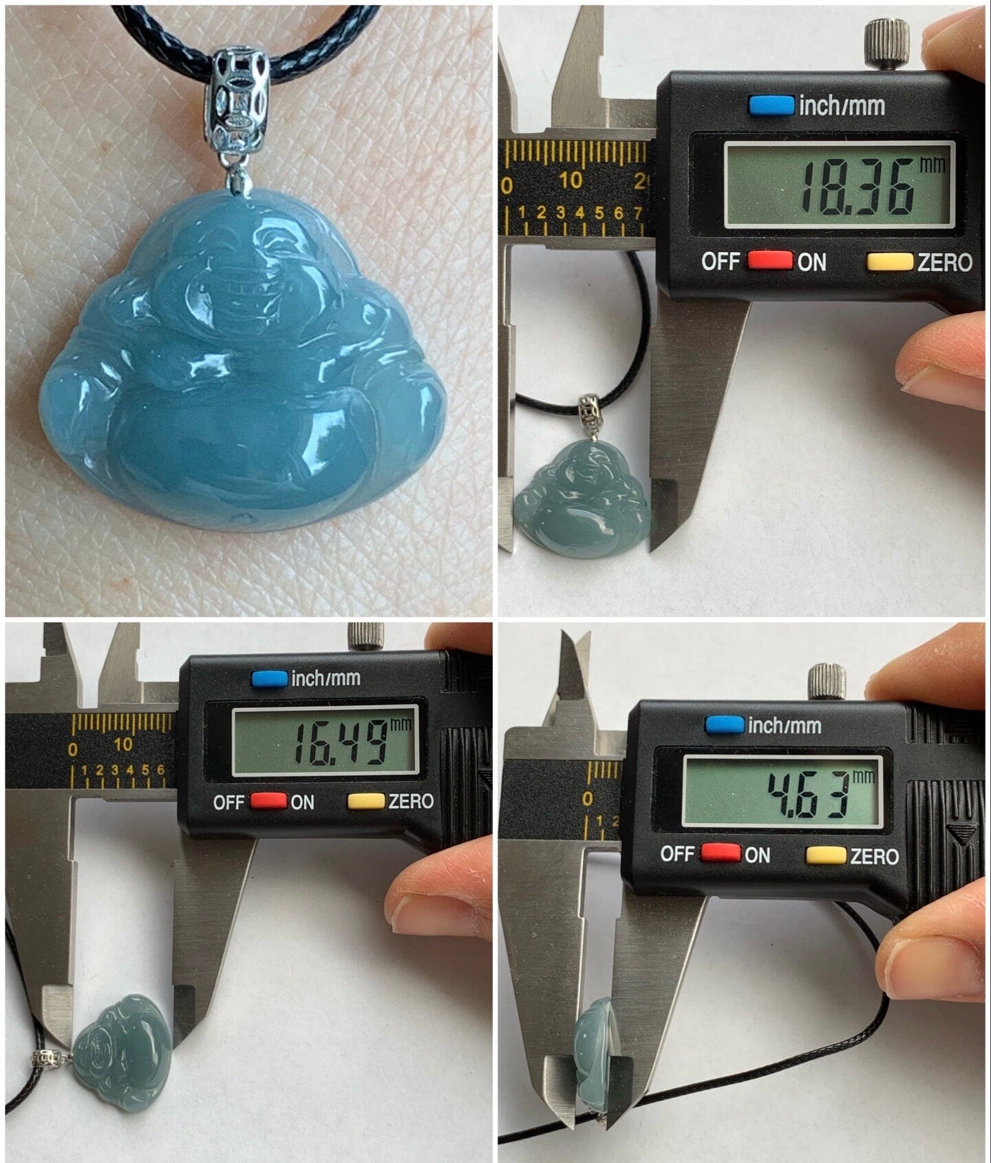 Natural Guatemalan Icy Translucent Dusty Blue Jadeite Buddha Pendant 18K White Gold Bail 天然危地马拉老种冰蓝翡翠佛公镶嵌吊坠