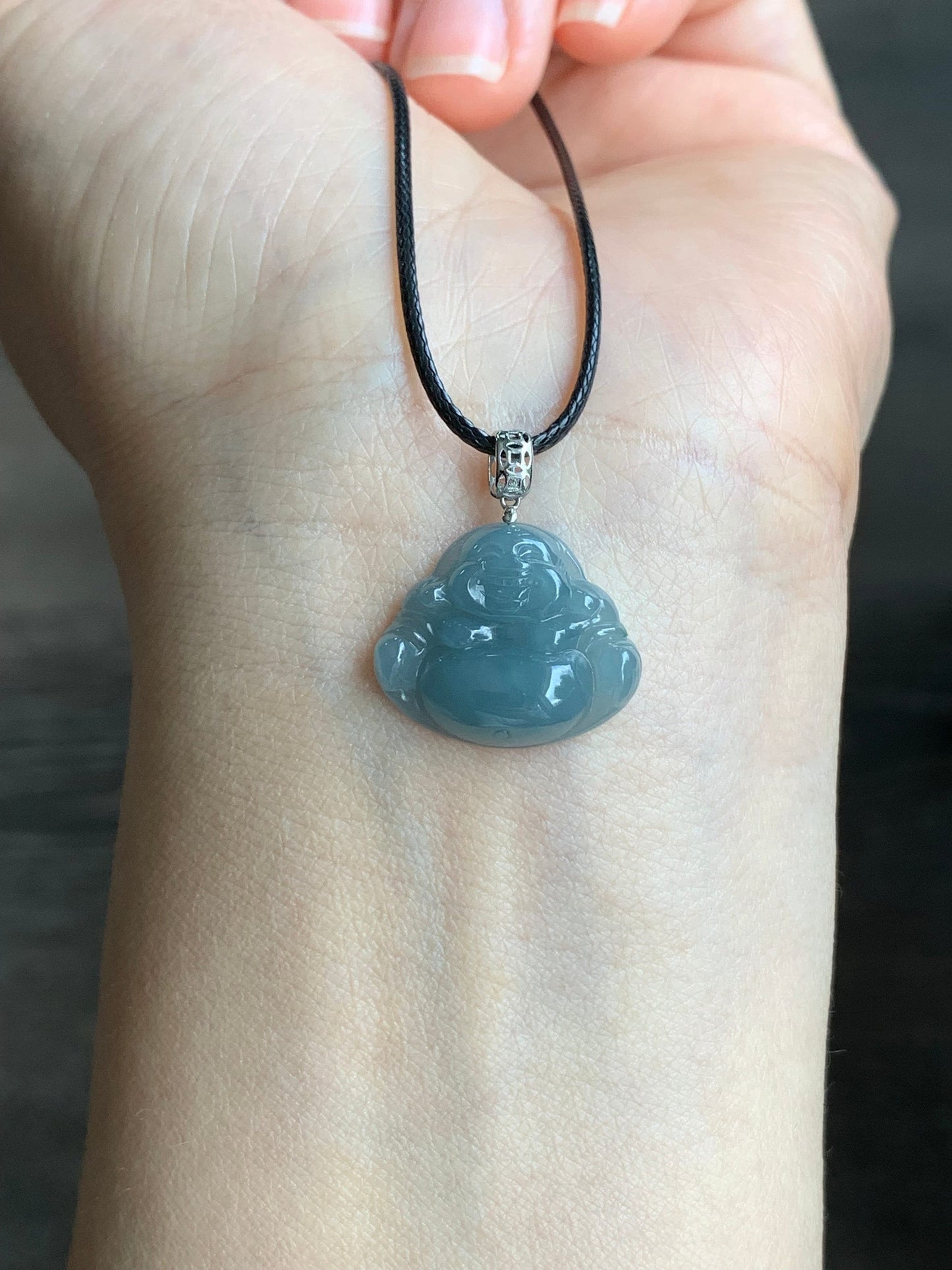 Natural Guatemalan Icy Translucent Dusty Blue Jadeite Buddha Pendant 18K White Gold Bail 天然危地马拉老种冰蓝翡翠佛公镶嵌吊坠