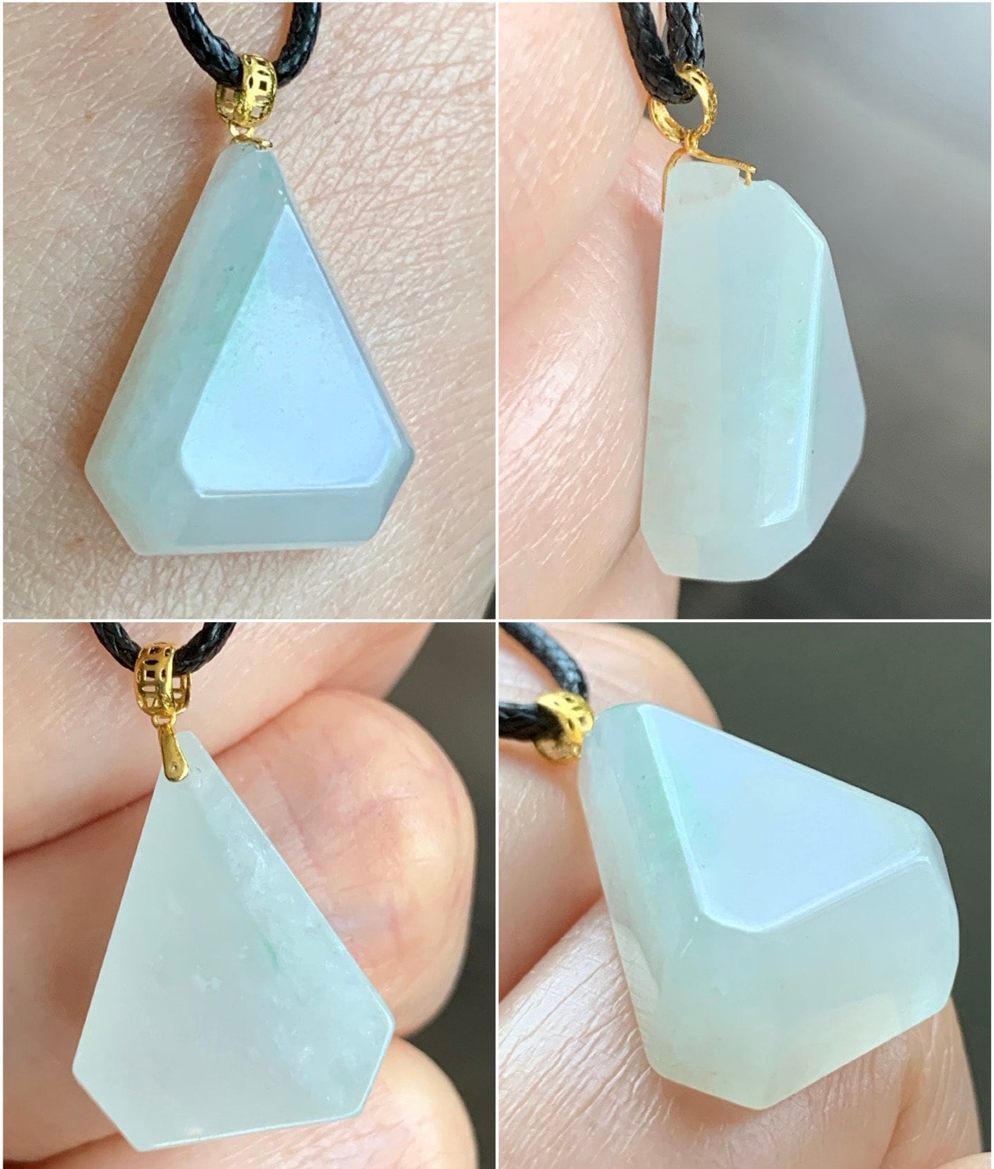 Natural Burmese grade A Icy Translucent Gelatinous Light Green Marbled Jadeite Diamond Cut Pendant 18K Yellow Gold Bail 天然缅甸白冰飘花翡翠钻石切割面镶嵌吊坠