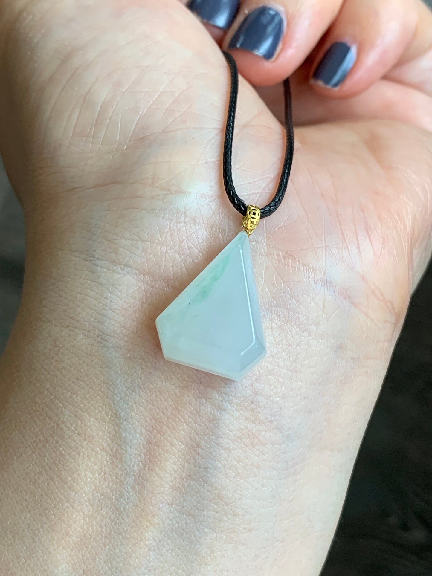 Natural Burmese grade A Icy Translucent Gelatinous Light Green Marbled Jadeite Diamond Cut Pendant 18K Yellow Gold Bail 天然缅甸白冰飘花翡翠钻石切割面镶嵌吊坠