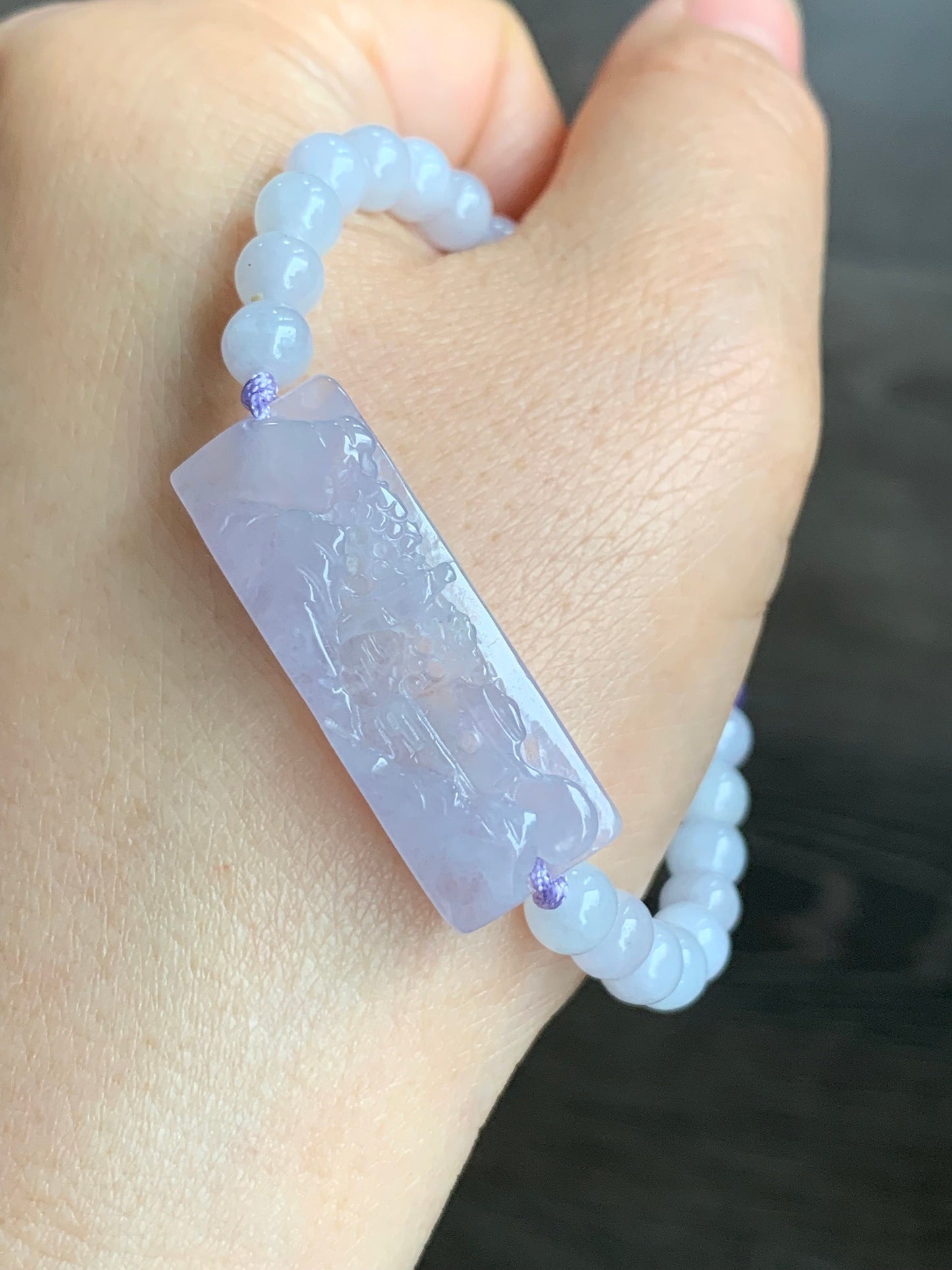 Stunning Natural Burmese Icy Highly Translucent Light Purple Jadeite Shan Shui Landscape Beaded Bracelet Adjustable 6.5” 天然缅甸冰紫翡翠山水手牌手串
