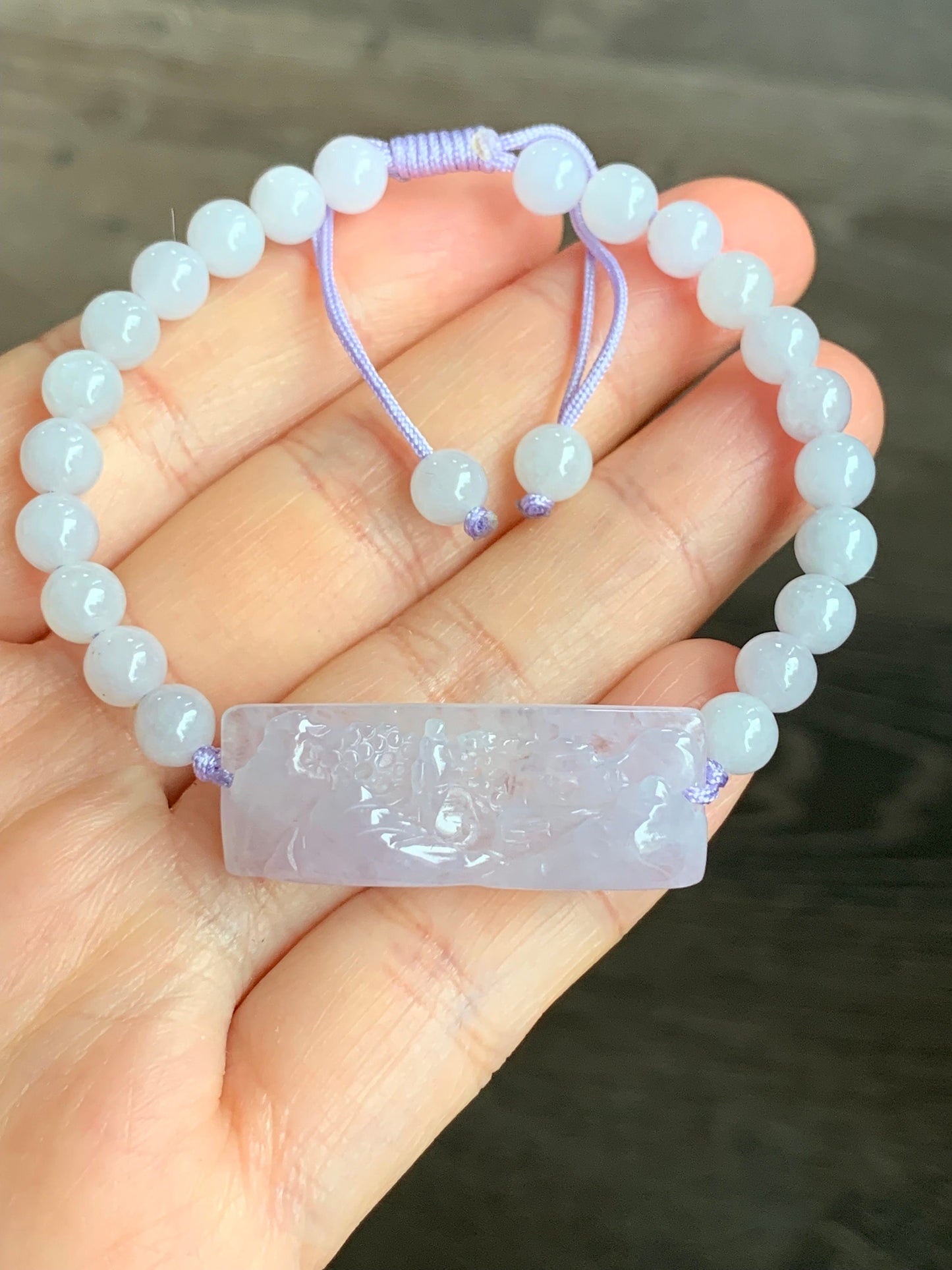 Stunning Natural Burmese Icy Highly Translucent Light Purple Jadeite Shan Shui Landscape Beaded Bracelet Adjustable 6.5” 天然缅甸冰紫翡翠山水手牌手串