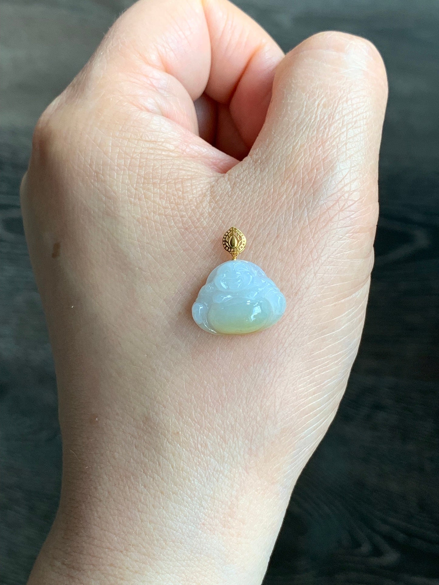 Petite Natural Burmese Icy Translucent Gelatinous Jadeite with yellow marbling Buddha Pendant 18K Yellow Bail w/ 17” Cord 天然缅甸冰飘黄翡翠佛公镶嵌吊坠