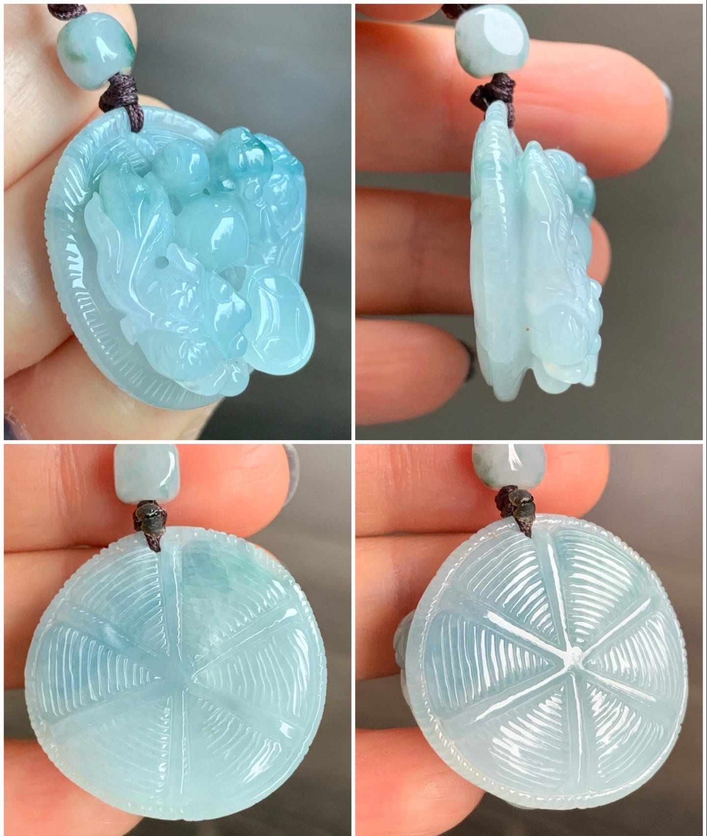 Large Natural Burmese Icy Translucent Sky Blue Jadeite w/ Green Marbling Carved Goldfish Pendant Rope Necklace 25” 19g 天然缅甸冰天空蓝飘花翡翠双鱼牌吊坠