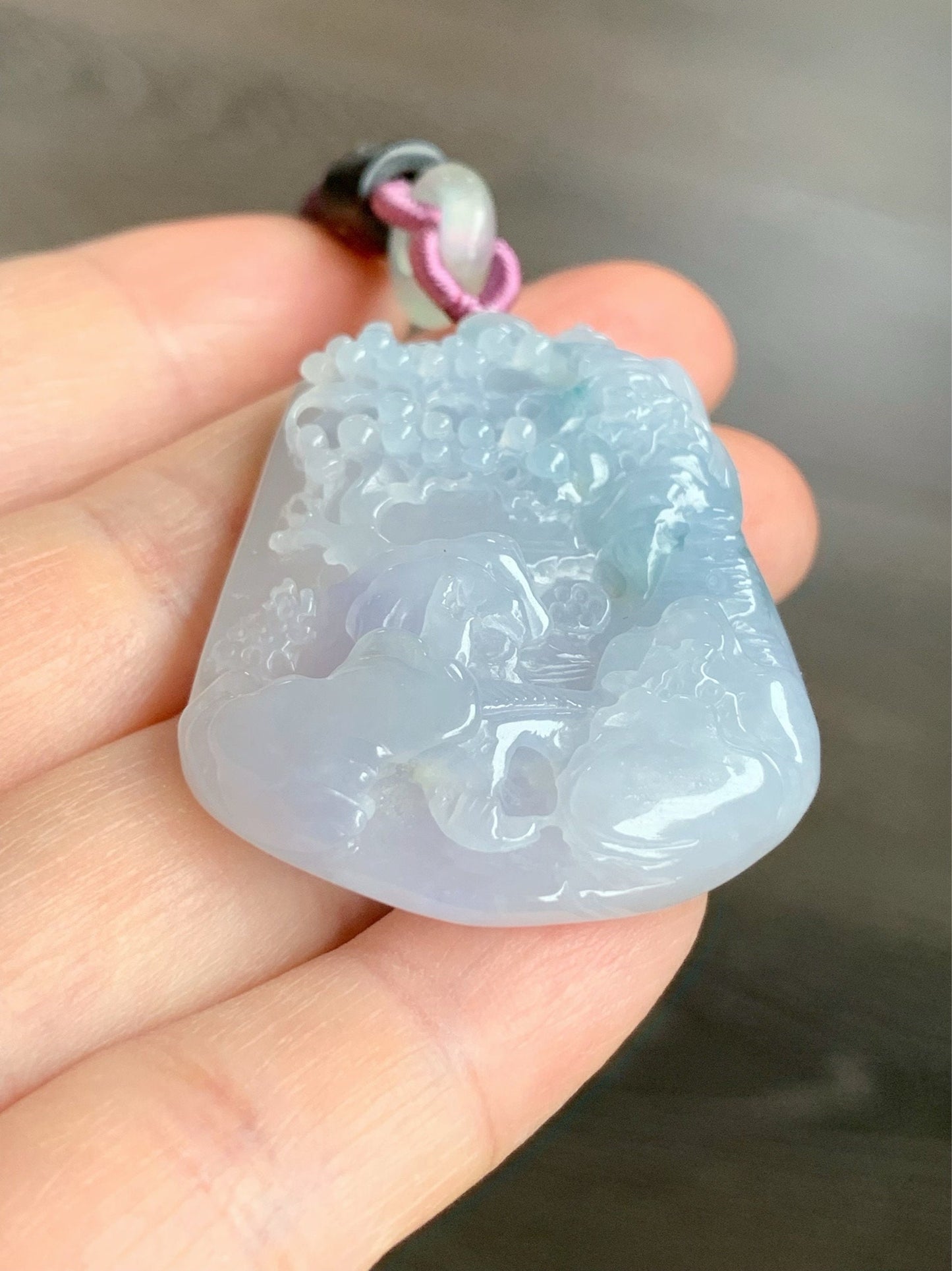Large Natural Burmese Icy Highly Translucent Gelatinous Purplish Blue Jadeite Carved Shan Shui Pai Landscape Pendant 天然缅甸冰胶蓝紫飘花翡翠大山水牌吊坠