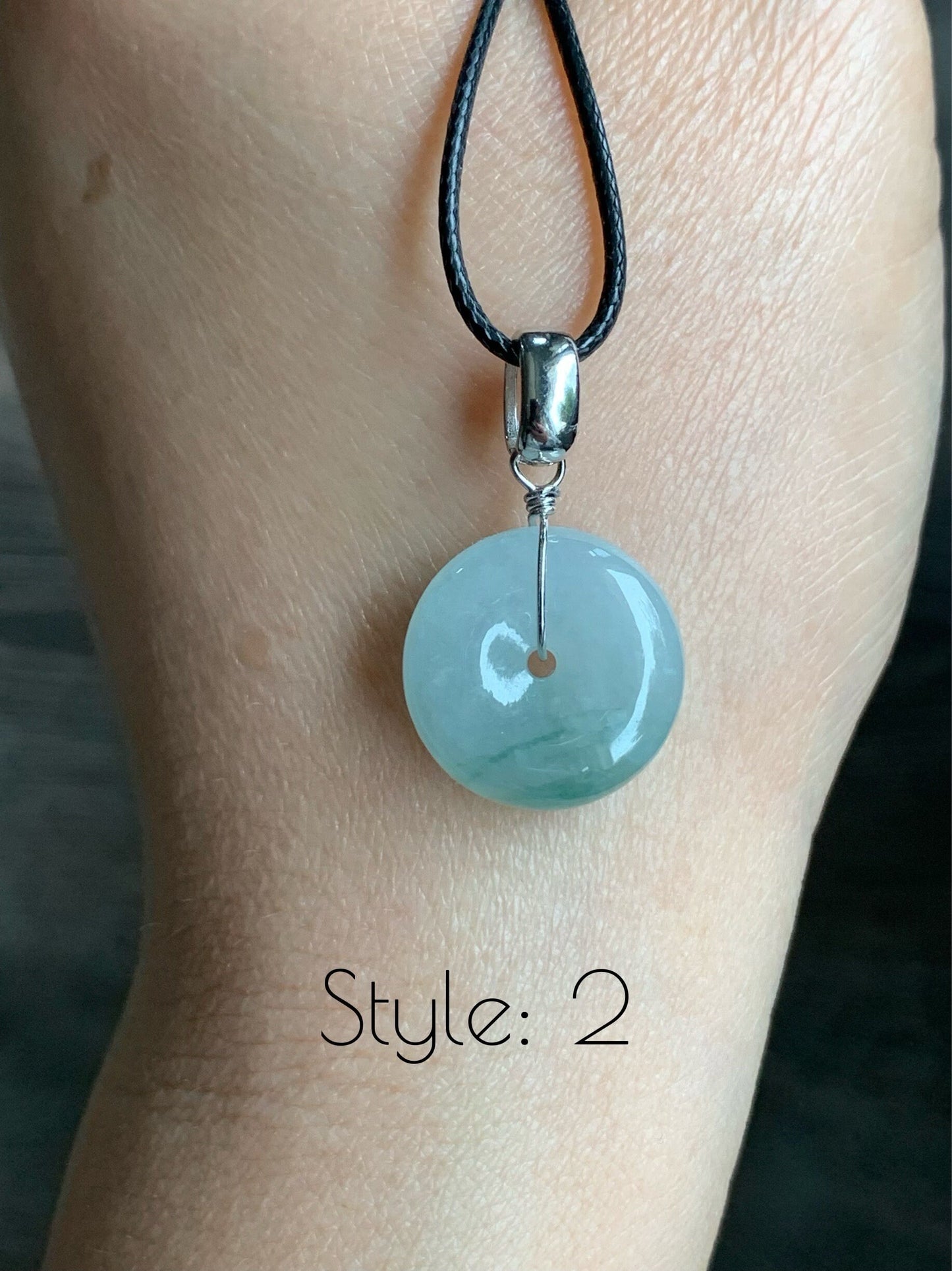 Natural Burmese Icy Translucent Gelatinous Light Green Jadeite w/ Green Marbling Ping An Kou Donut Pendant Sterling Silver 天然缅甸糯冰晴底飘花翡翠平安扣吊坠