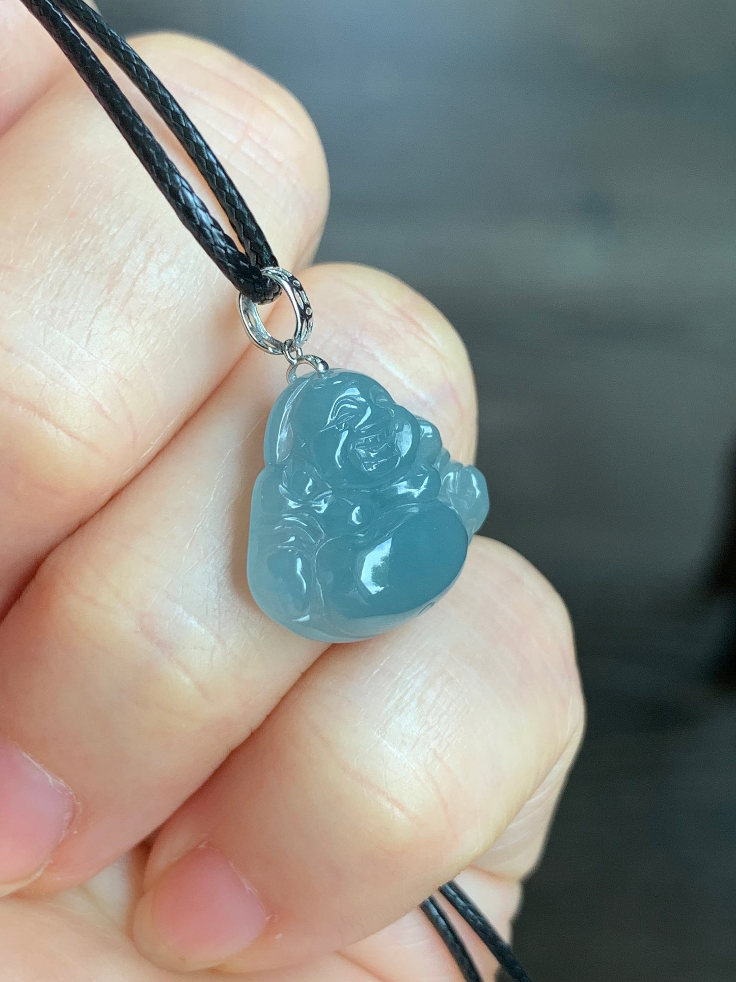 Natural Guatemalan Icy Translucent Dusty Blue Jadeite Buddha Pendant 18K White Gold Bail 天然危地马拉老种冰蓝翡翠佛公镶嵌吊坠