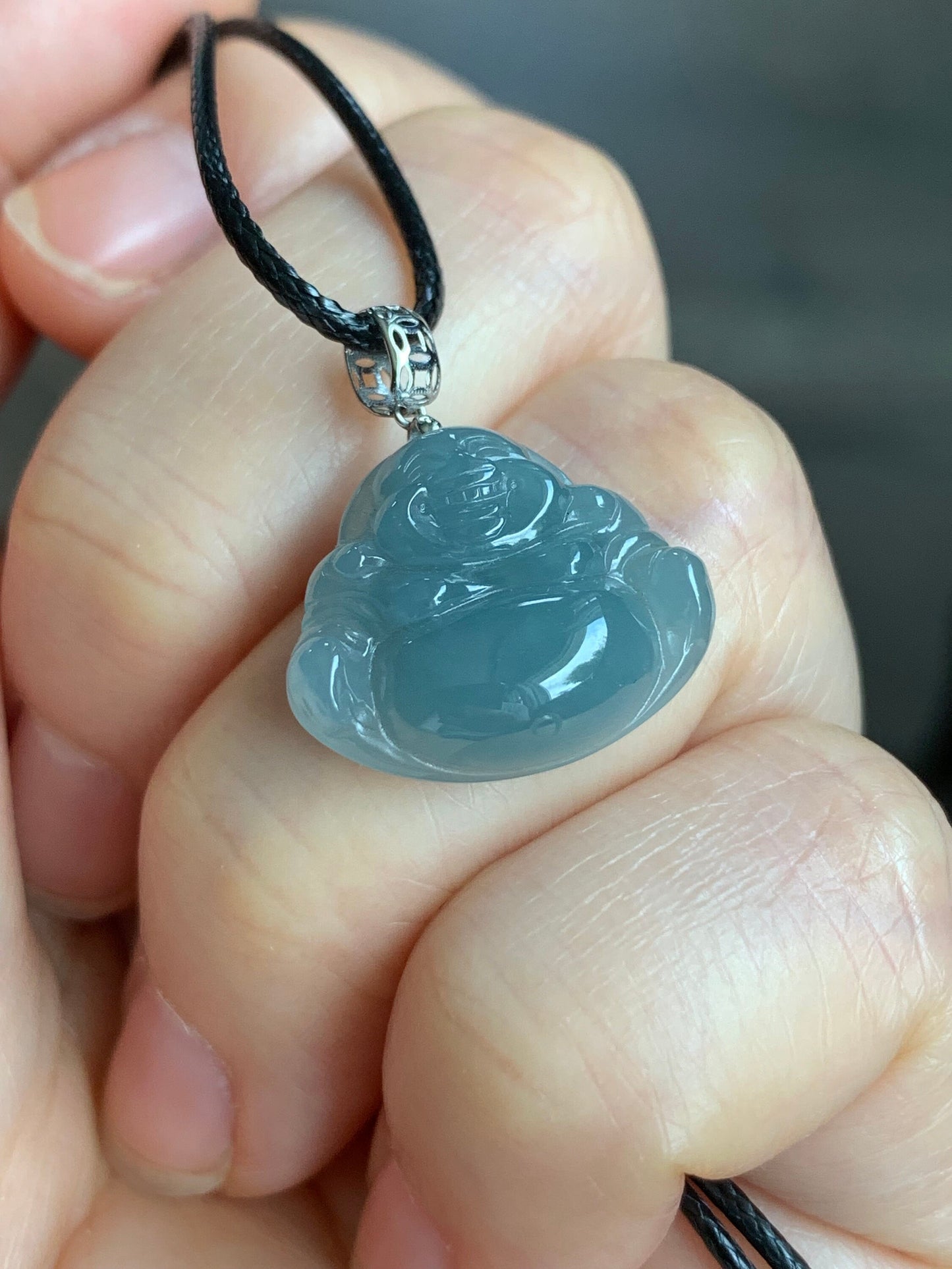 Natural Guatemalan Icy Translucent Dusty Blue Jadeite Buddha Pendant 18K White Gold Bail 天然危地马拉老种冰蓝翡翠佛公镶嵌吊坠