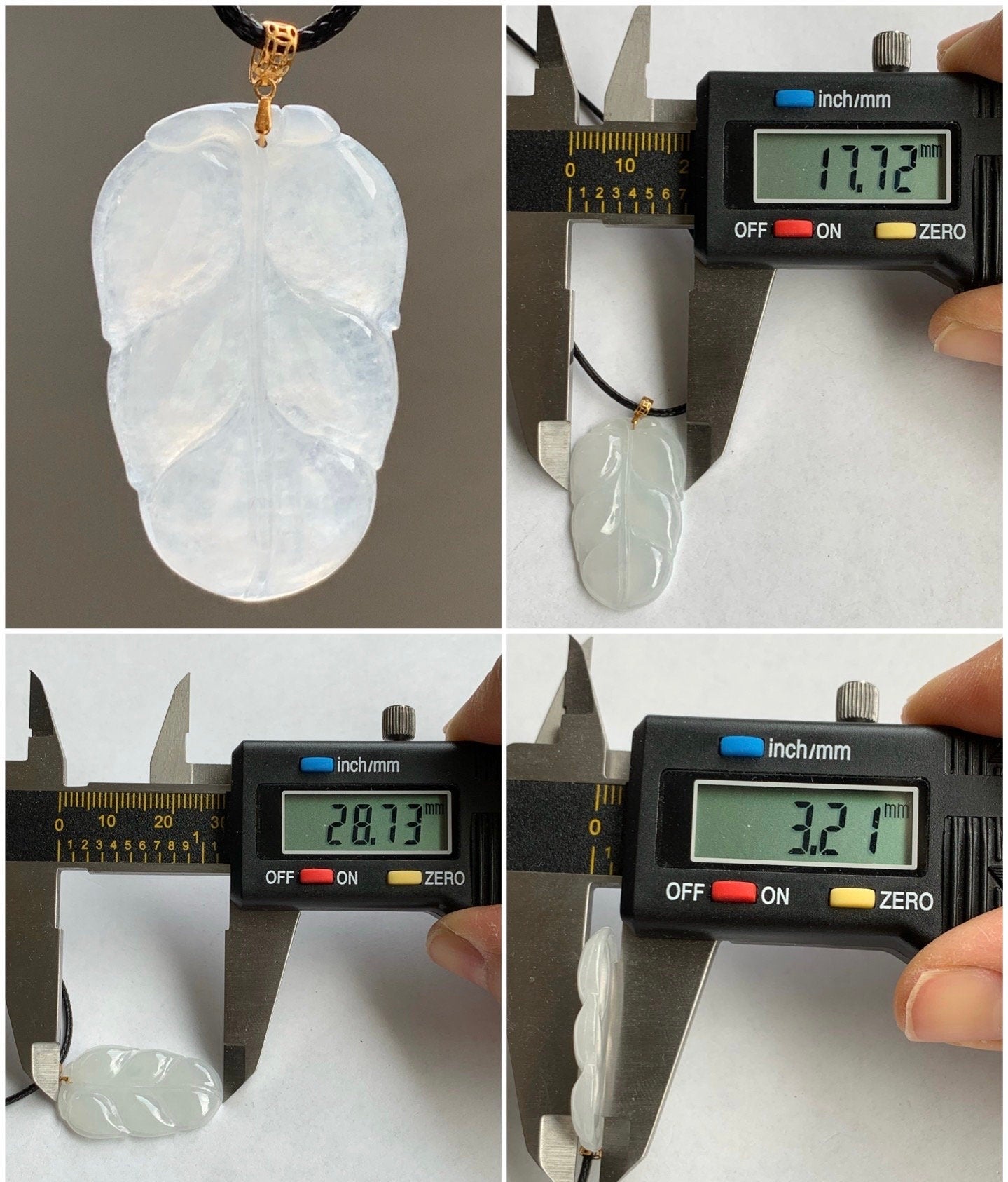 Natural Burmese Icy Translucent White Jadeite Leaf Pendant 18K Yellow Gold w/ Cord 17” 天然缅甸老种正冰起光翡翠大叶有成镶嵌吊坠