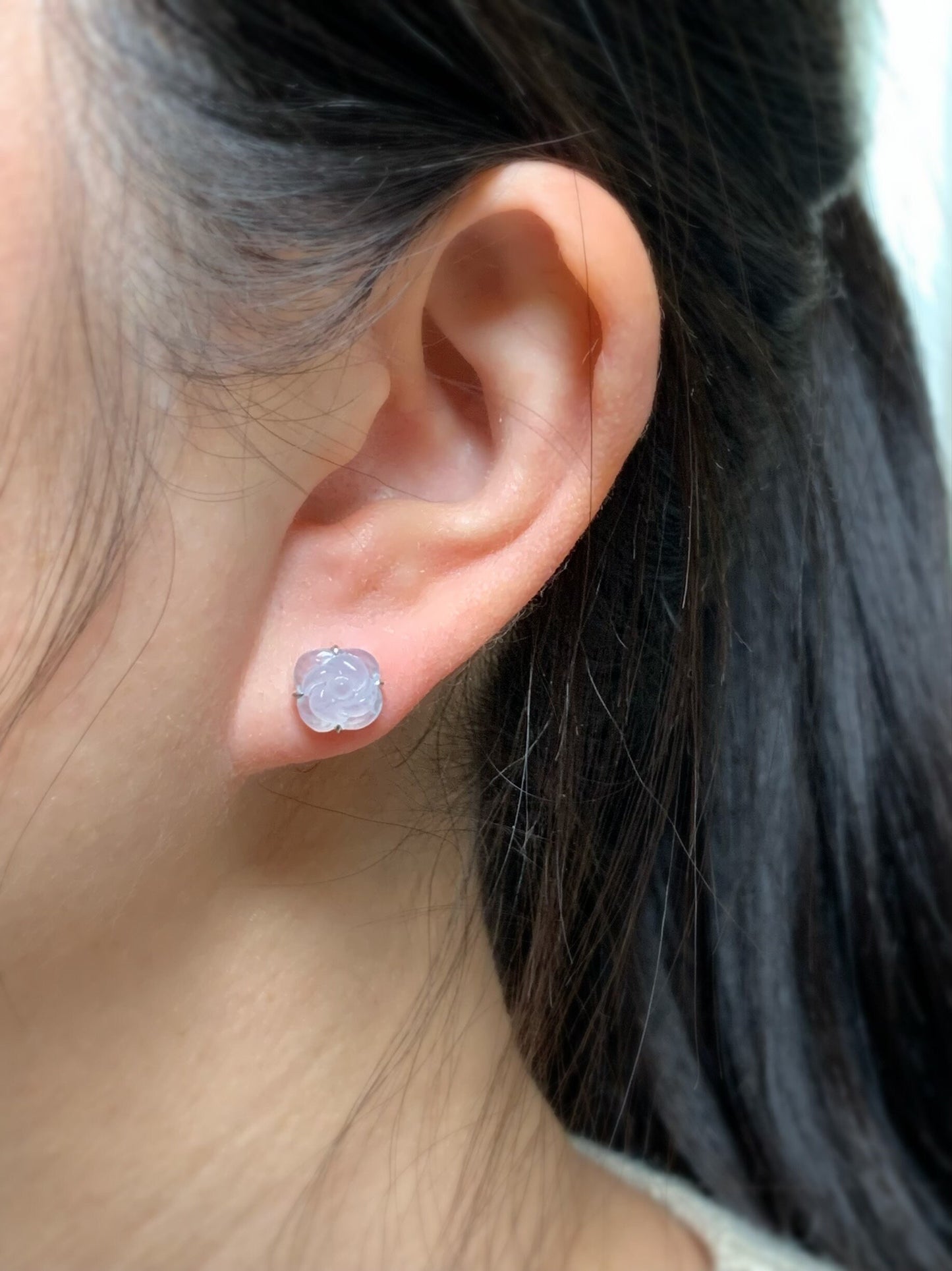 Certified Burmese Natural Premium Icy Highly Translucent White Jadeite Carved Rose Flower Stud Earrings 18K White Gold 天然缅甸起冰起胶翡翠玫瑰花镶嵌耳钉