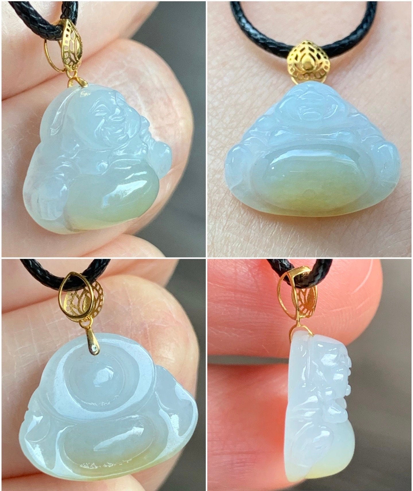 Petite Natural Burmese Icy Translucent Gelatinous Jadeite with yellow marbling Buddha Pendant 18K Yellow Bail w/ 17” Cord 天然缅甸冰飘黄翡翠佛公镶嵌吊坠
