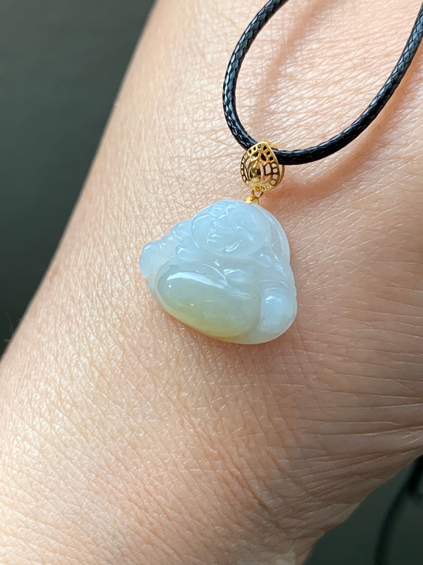 Petite Natural Burmese Icy Translucent Gelatinous Jadeite with yellow marbling Buddha Pendant 18K Yellow Bail w/ 17” Cord 天然缅甸冰飘黄翡翠佛公镶嵌吊坠