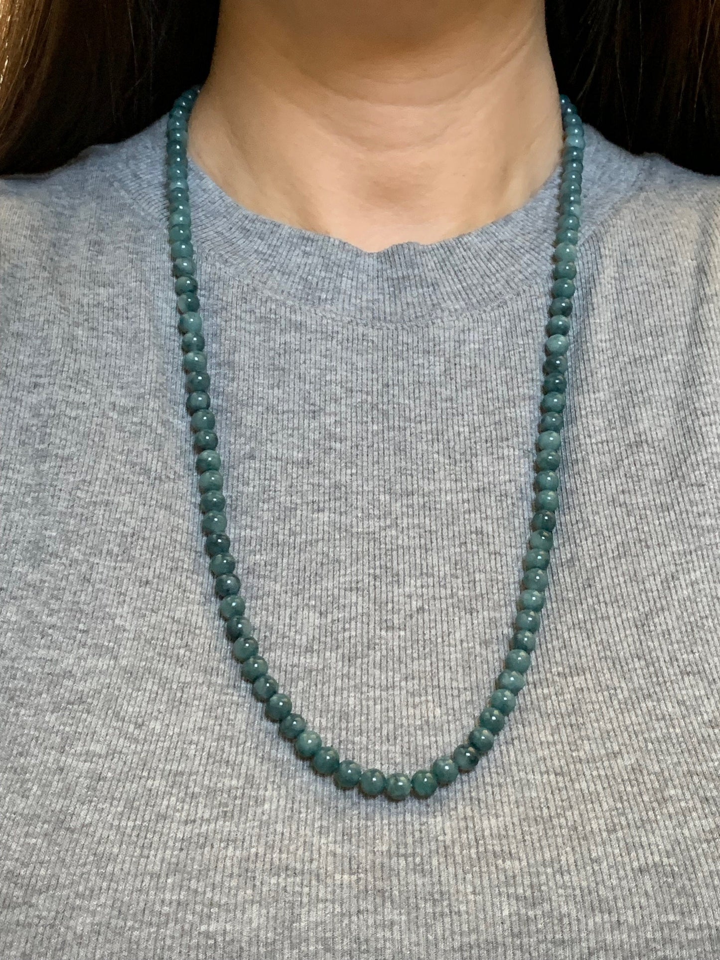 Rare Natural Burmese Icy Translucent Rich Indigo Blue Jadeite Beaded Necklace 6.6mm 28” 天然缅甸牛仔蓝翡翠长串项链