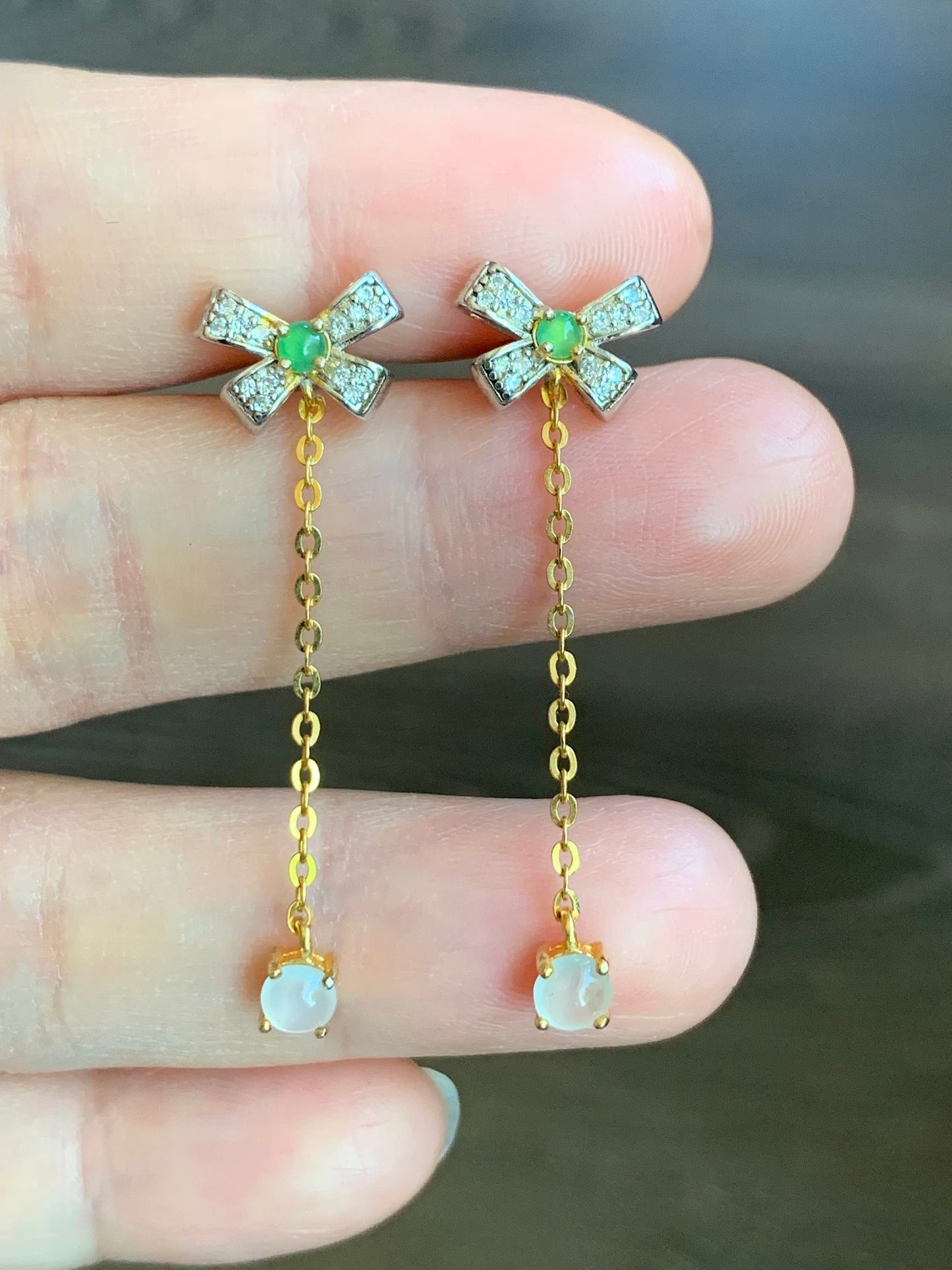 Natural Burmese & Guatemalan Icy Highly Translucent White and Green Jadeite Bow Design Stud Earrings S925 Sterling Silver 天然缅甸白冰翡翠冰绿翡翠银镶耳钉