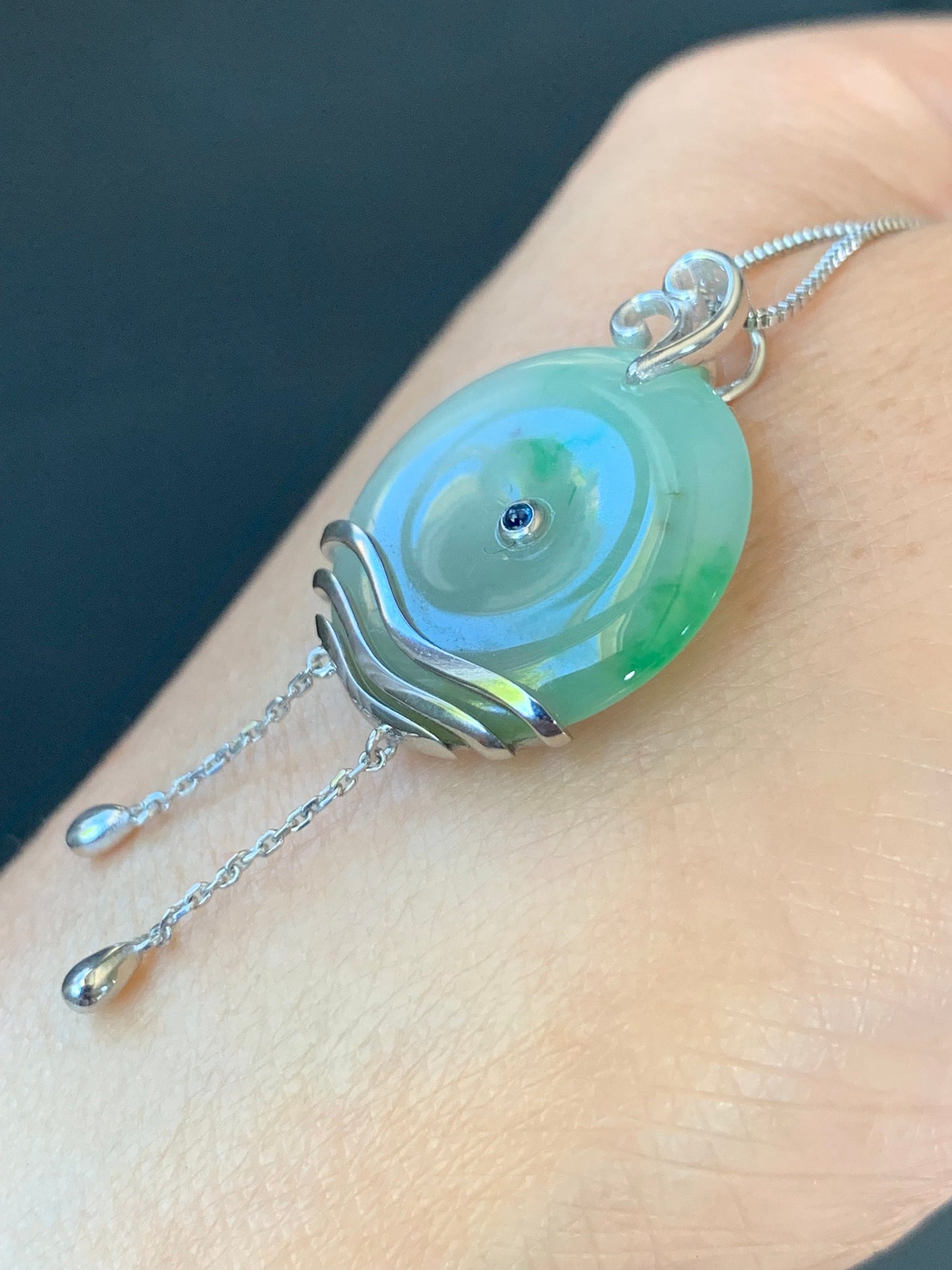 Certified Natural Burmese Translucent Light Green Jadeite Ping An Kou Donut Pendant w/ Blue Sapphire Sterling Silver 天然缅甸细糯飘绿花翡翠平安扣镶嵌吊坠