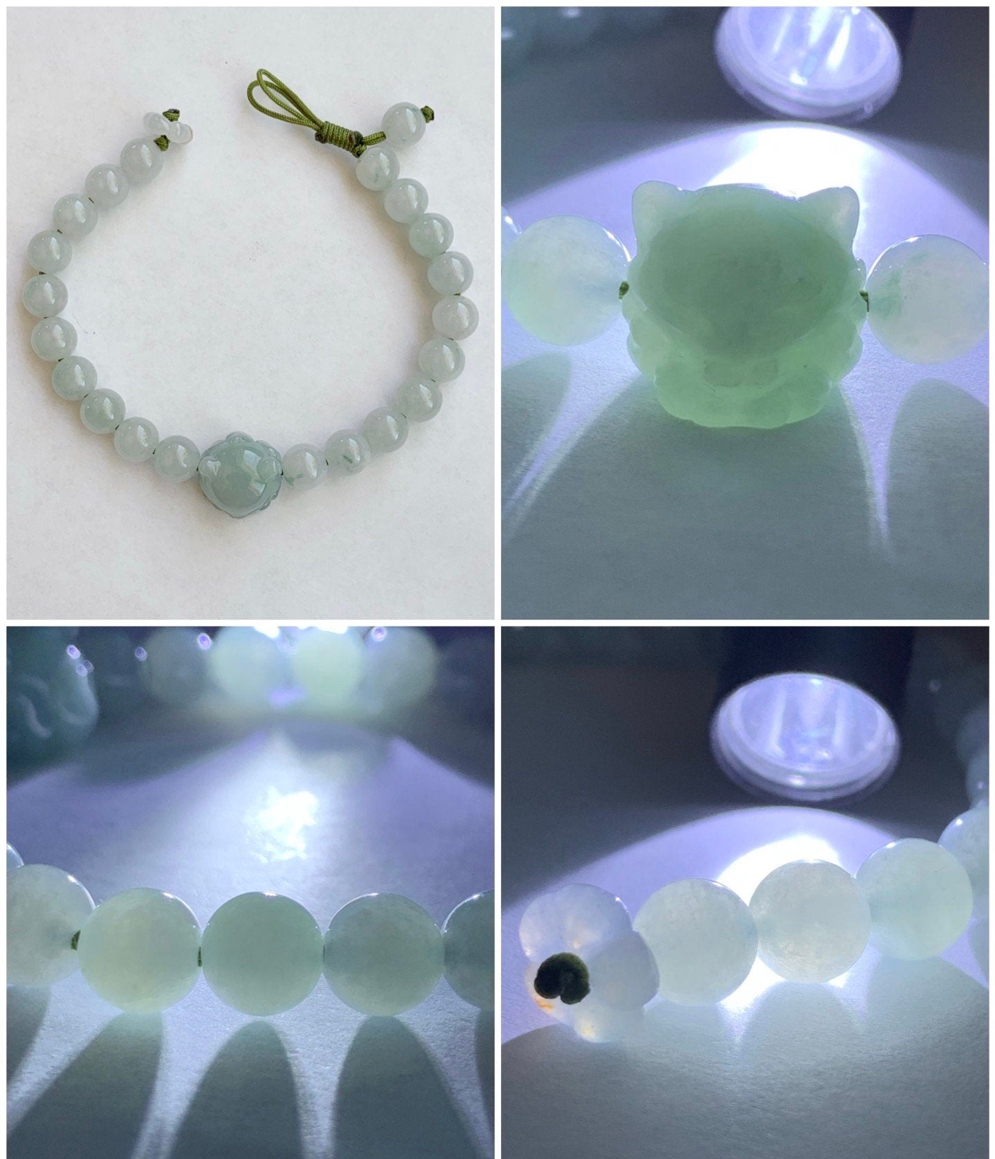 Natural Burmese Icy Translucent Light Green Jadeite Nine-Tailed Fox & Icy White Jadeite w/ Green Marbling Beaded Bracelet 7” 天然缅甸冰晴翡翠九尾狐珠手串