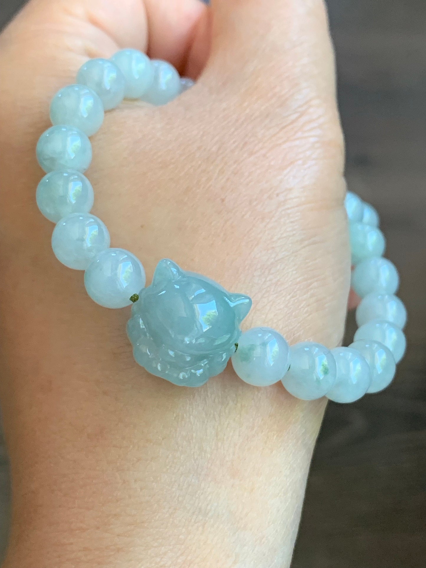 Natural Burmese Icy Translucent Light Green Jadeite Nine-Tailed Fox & Icy White Jadeite w/ Green Marbling Beaded Bracelet 7” 天然缅甸冰晴翡翠九尾狐珠手串