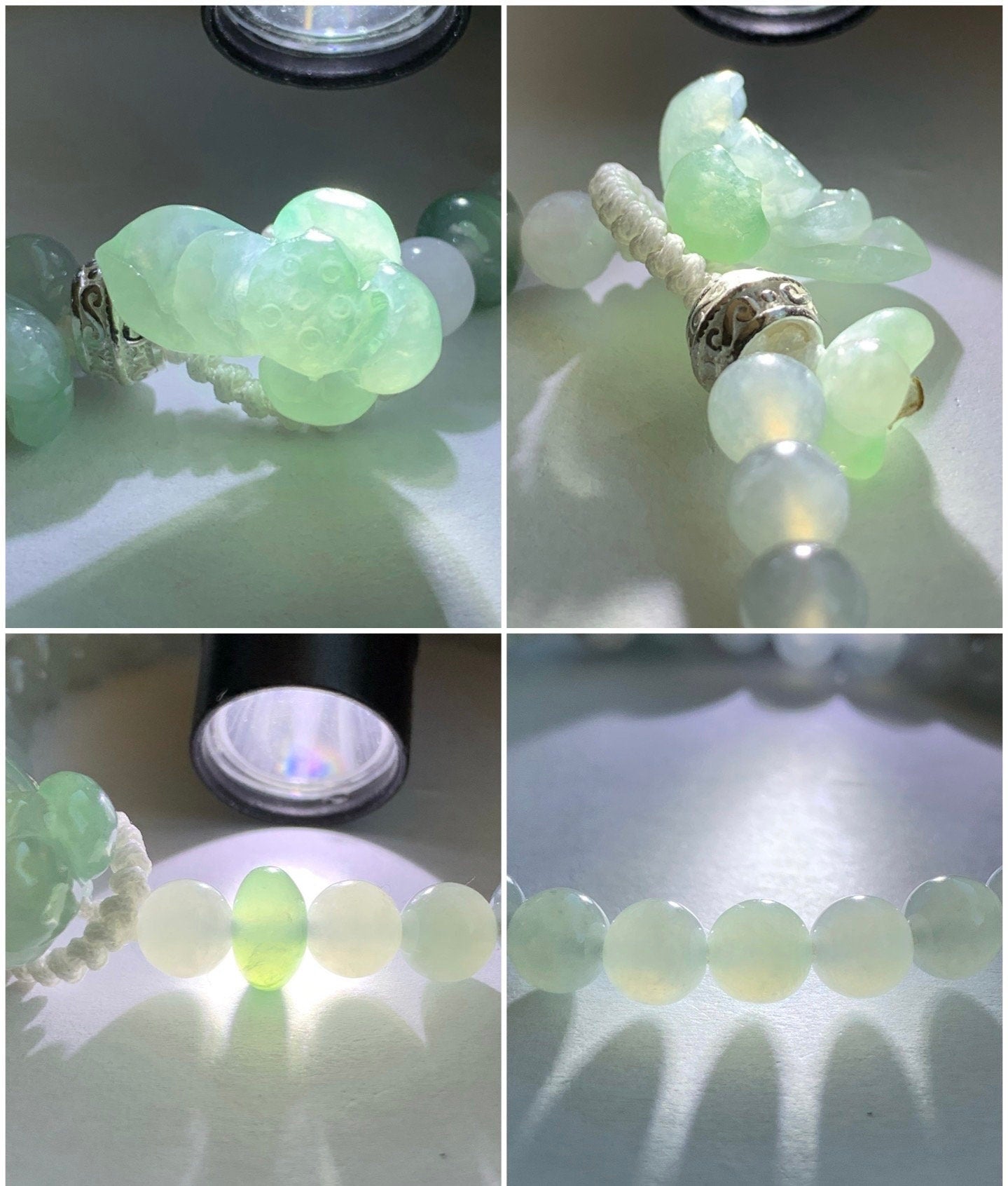 Natural Burmese Grade A Icy Translucent Light Green Jadeite Green Marbling Lotus Flower Beaded Bracelet Sterling Silver 7” 天然缅甸冰晴飘绿翡翠莲花足银珠手串