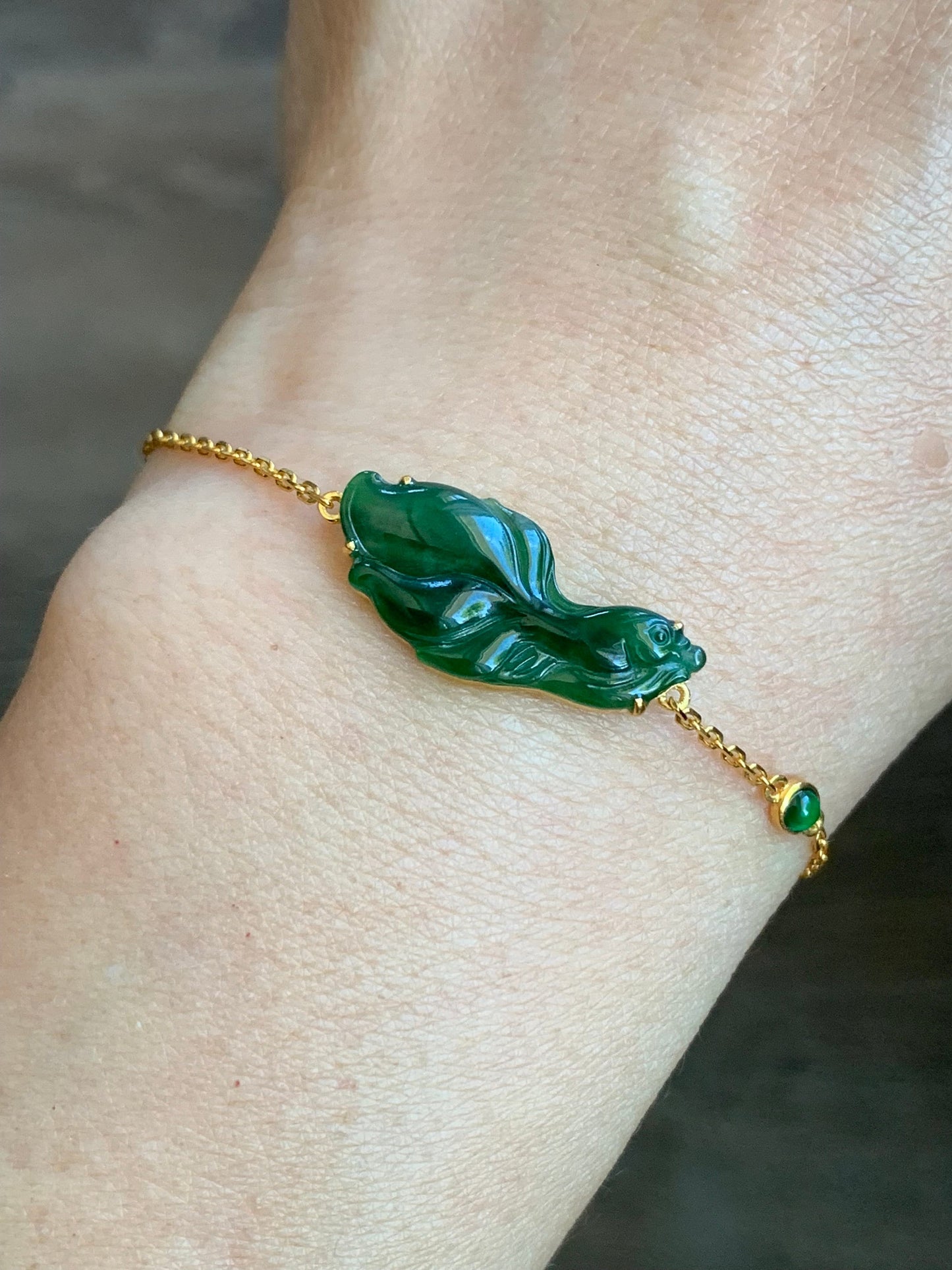 Certified Natural Guatemalan Icy Highly Translucent Rich Green Jadeite Betta Fish Bracelet 18K Yellow Gold 6.25”-7.25” 天然冰危绿翡翠斗鱼金镶手链 344