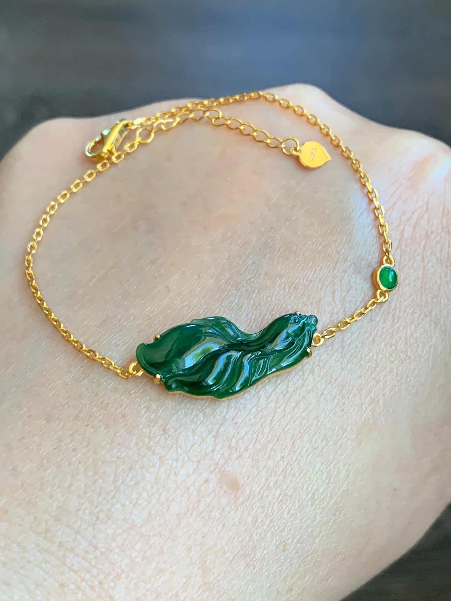Certified Natural Guatemalan Icy Highly Translucent Rich Green Jadeite Betta Fish Bracelet 18K Yellow Gold 6.25”-7.25” 天然冰危绿翡翠斗鱼金镶手链 344