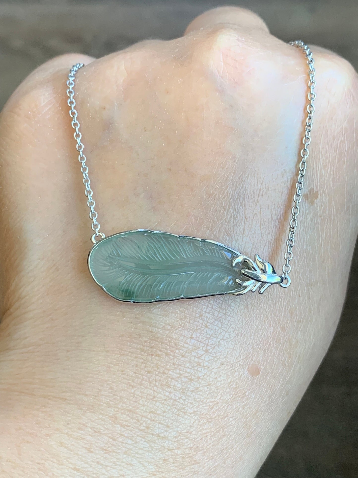Certified Natural Burmese Icy Translucent Gelatinous Light Green Jadeite Carved Feather Pendant & Necklace 16”-17” 天然缅甸冰晴绿翡翠羽毛镶嵌锁骨链