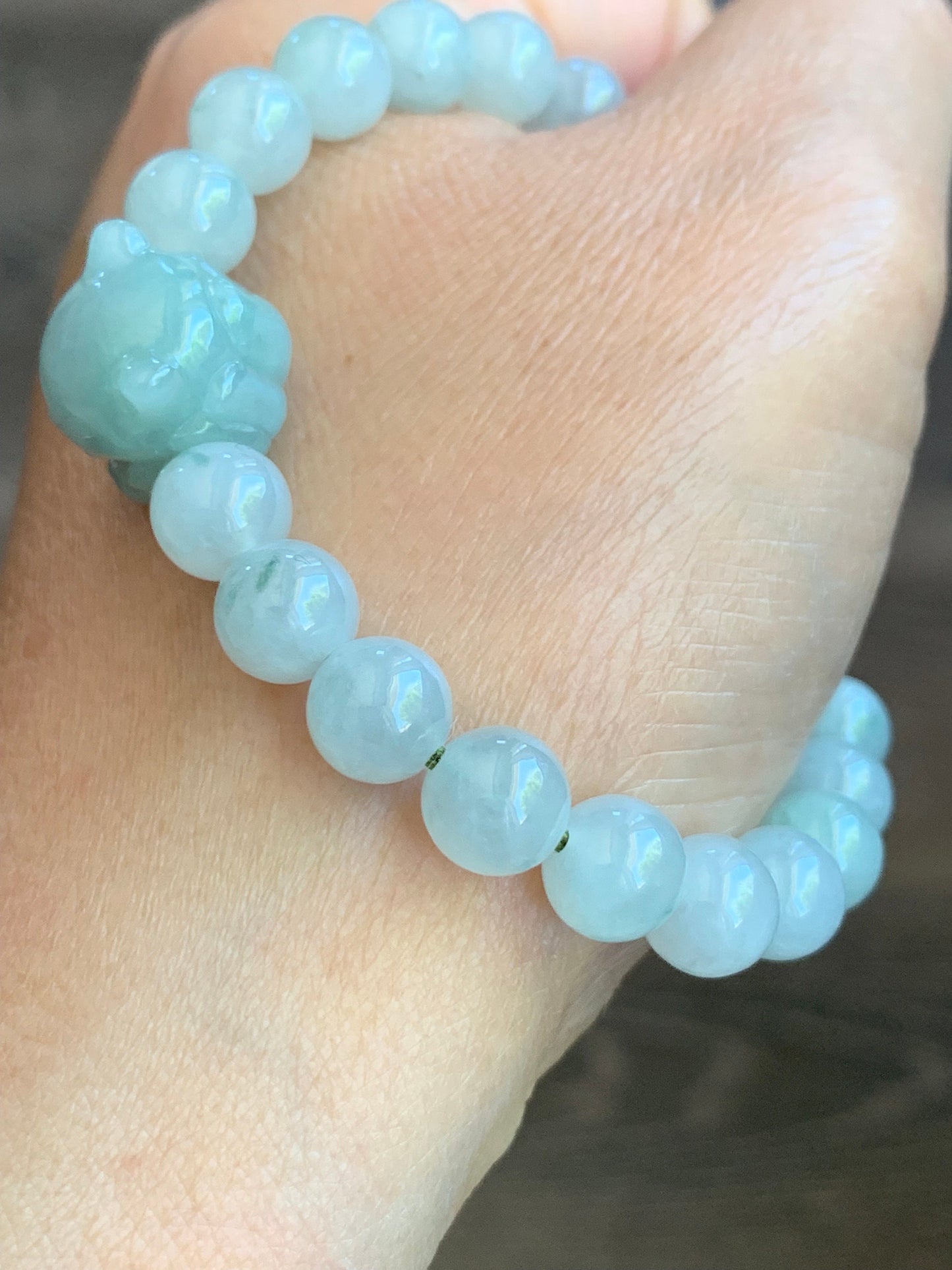 Natural Burmese Icy Translucent Light Green Jadeite Nine-Tailed Fox & Icy White Jadeite w/ Green Marbling Beaded Bracelet 7” 天然缅甸冰晴翡翠九尾狐珠手串