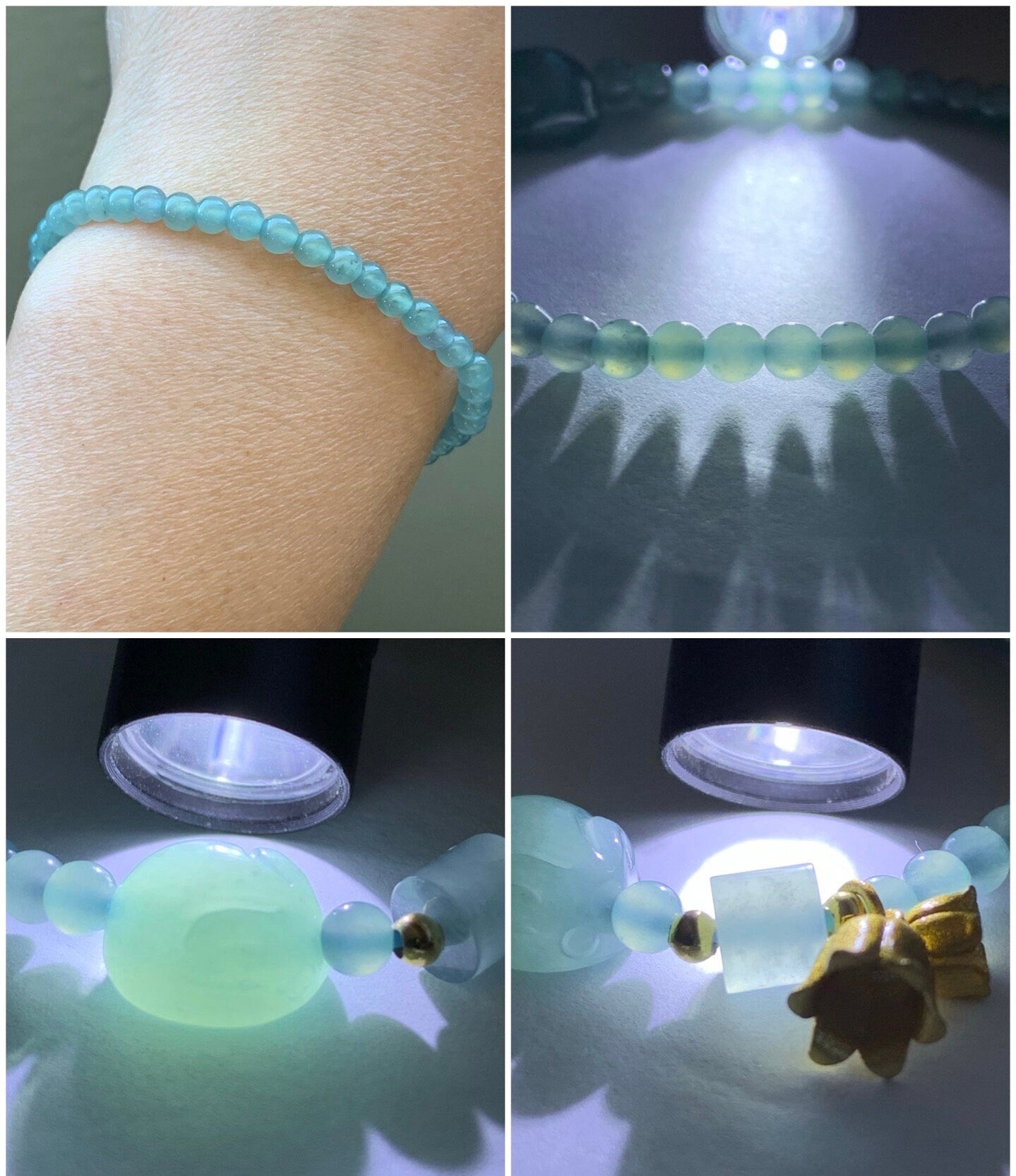 Natural Guatemalan Icy Translucent Gelatinous Sky Blue Jadeite Rabbit Bead & Barrel Bead Beaded Bracelet 6.75” Stretchy 天然冰胶危天空蓝翡翠小兔珠路路通珠手串