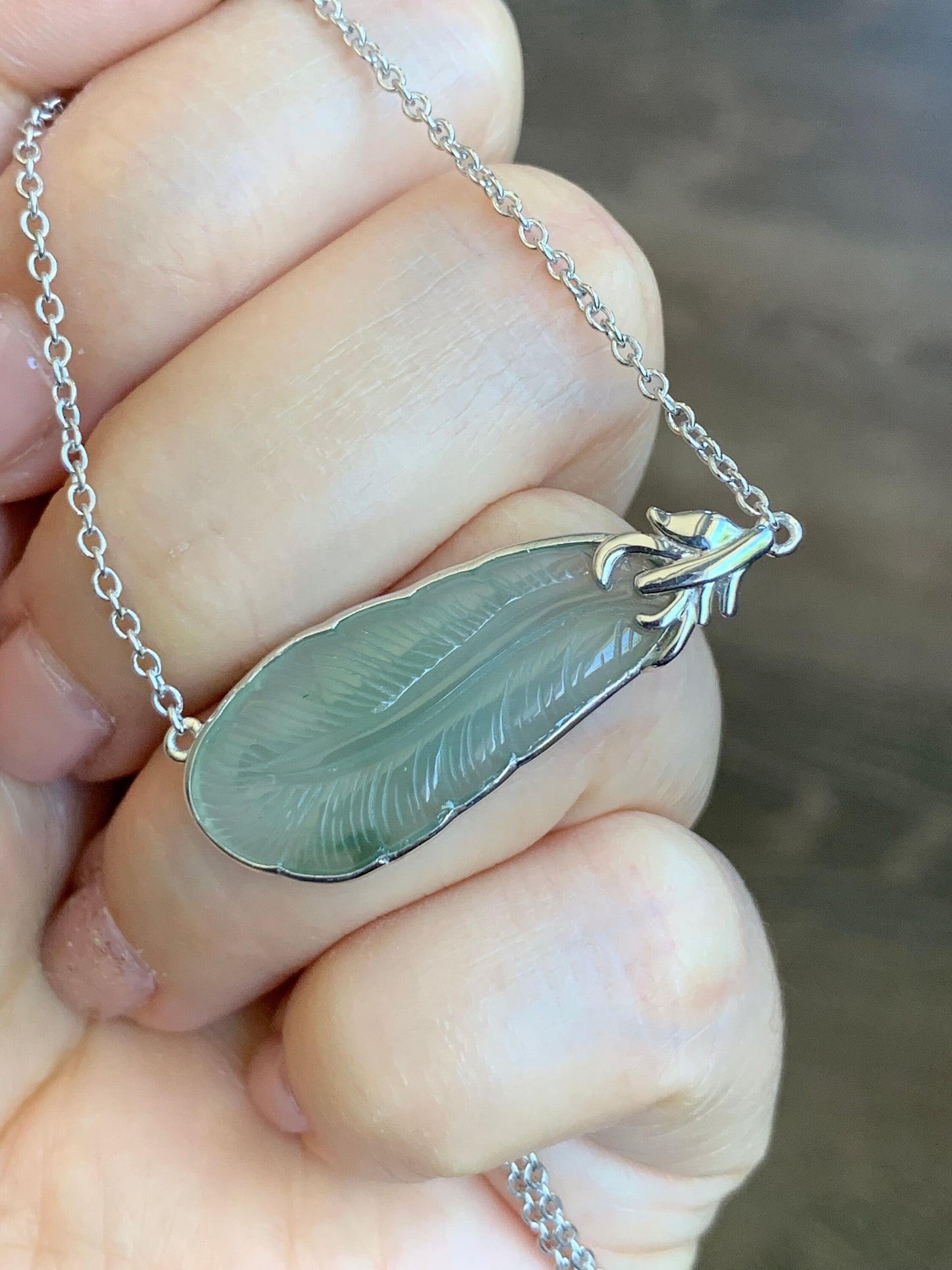 Certified Natural Burmese Icy Translucent Gelatinous Light Green Jadeite Carved Feather Pendant & Necklace 16”-17” 天然缅甸冰晴绿翡翠羽毛镶嵌锁骨链