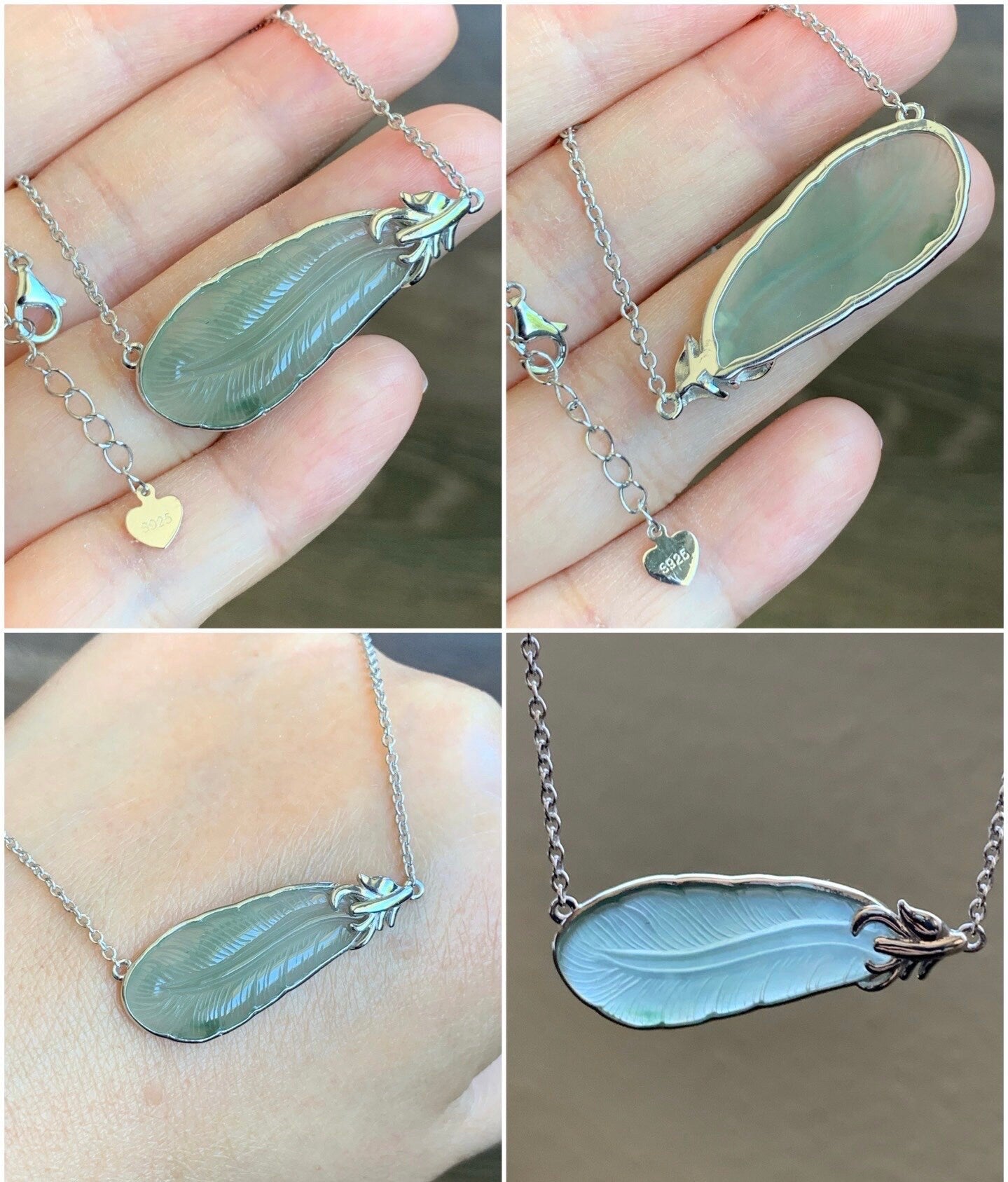Certified Natural Burmese Icy Translucent Gelatinous Light Green Jadeite Carved Feather Pendant & Necklace 16”-17” 天然缅甸冰晴绿翡翠羽毛镶嵌锁骨链