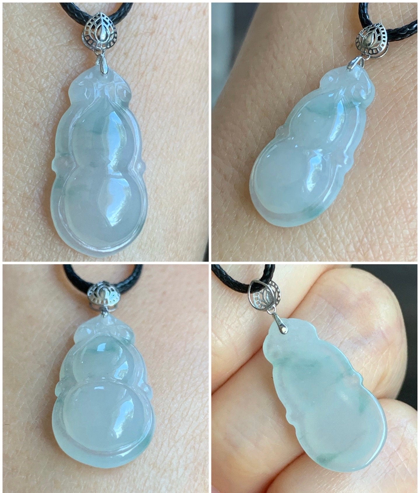 Natural Burmese Icy Translucent Gelatinous Light Green Marbling Jadeite Gourd Hulu Pendant 18K White Gold Bail 17” Cord 天然缅甸淡冰飘花翡翠葫芦镶嵌吊坠