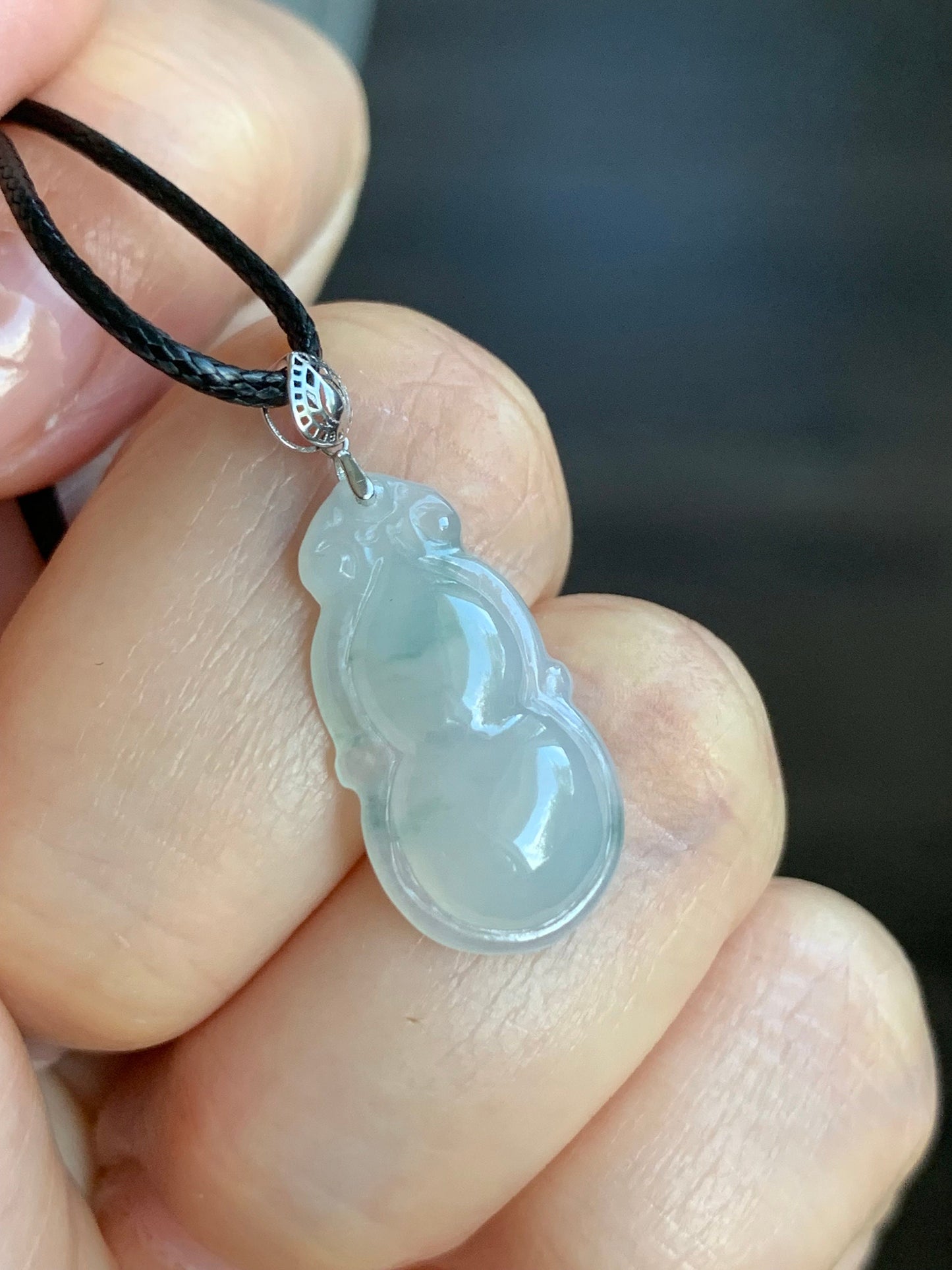 Natural Burmese Icy Translucent Gelatinous Light Green Marbling Jadeite Gourd Hulu Pendant 18K White Gold Bail 17” Cord 天然缅甸淡冰飘花翡翠葫芦镶嵌吊坠