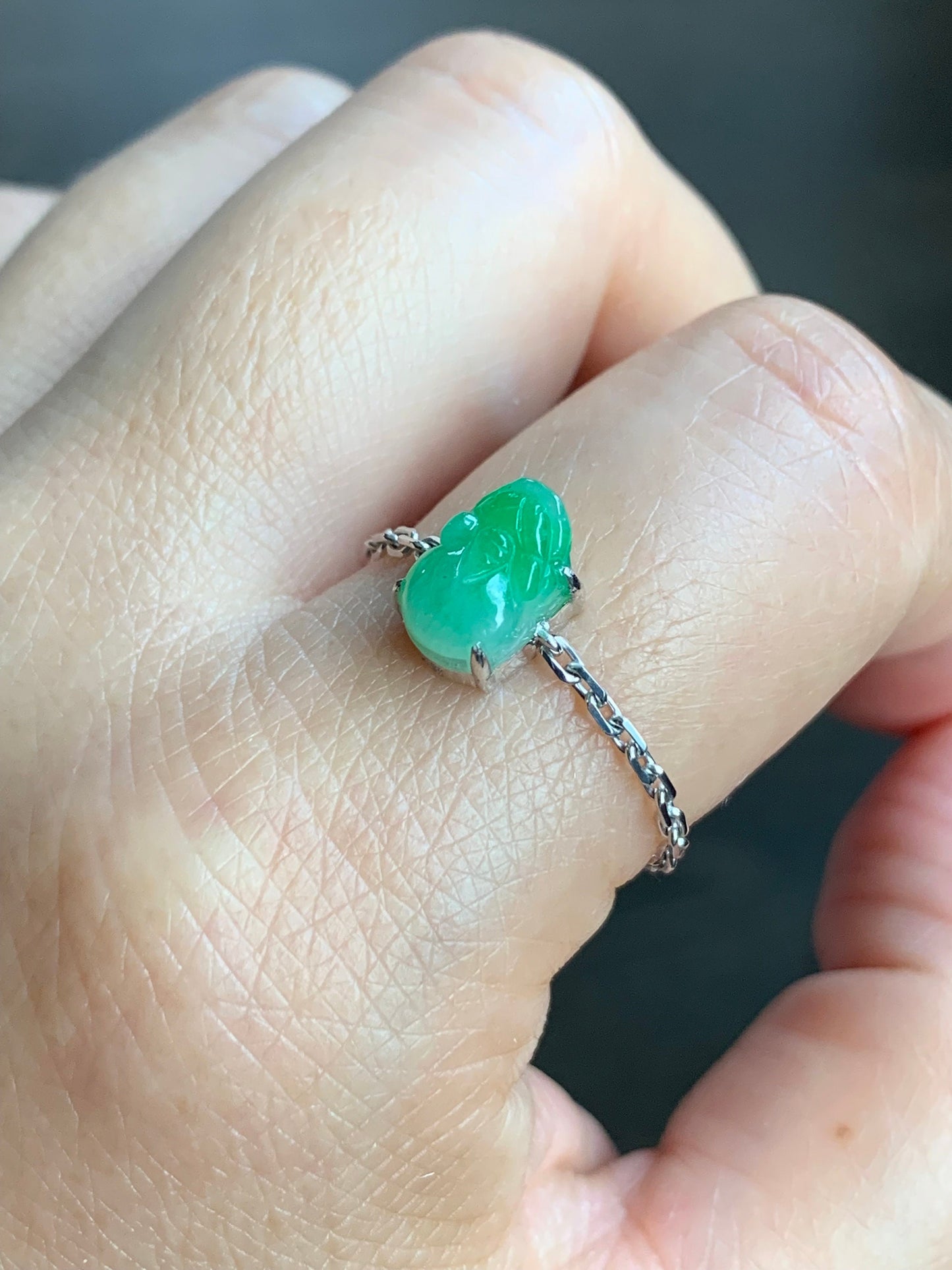 Certified Natural Burmese Icy Translucent Vibrant Green / Purple / Yellow Jadeite Pixiu Chain Ring 18K Gold Adjustable 天然缅甸冰绿/紫/黄翡翠貔貅镶嵌链戒