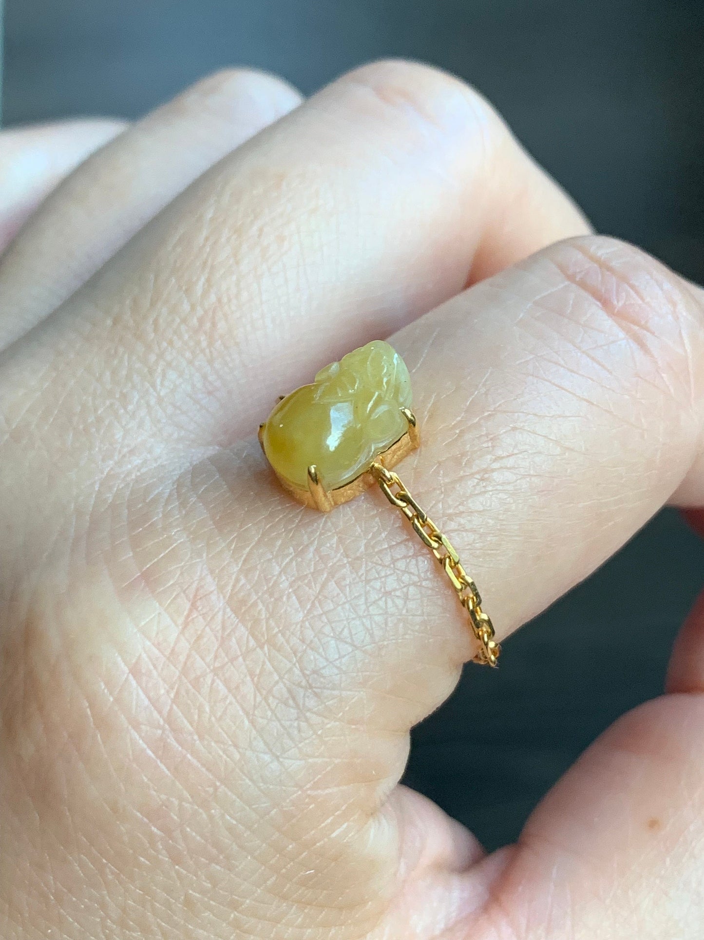 Certified Natural Burmese Icy Translucent Vibrant Green / Purple / Yellow Jadeite Pixiu Chain Ring 18K Gold Adjustable 天然缅甸冰绿/紫/黄翡翠貔貅镶嵌链戒