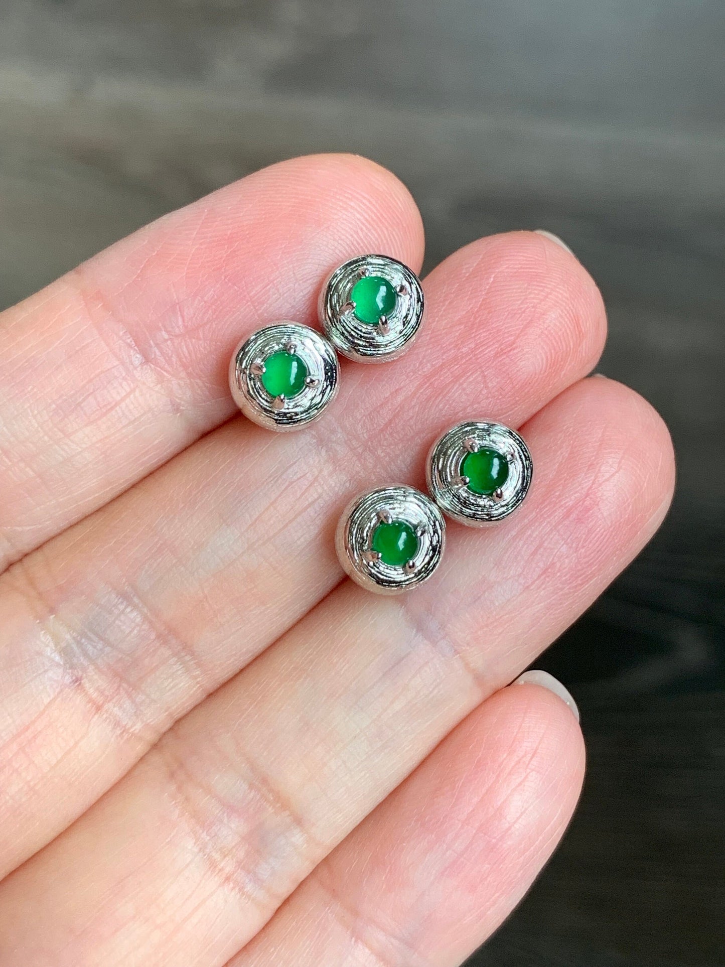 Guatemalan Natural Highly Translucent Icy Green Jadeite Stud Earrings S925 Sterling Silver 天然危地马拉高冰绿翡翠镶嵌耳钉