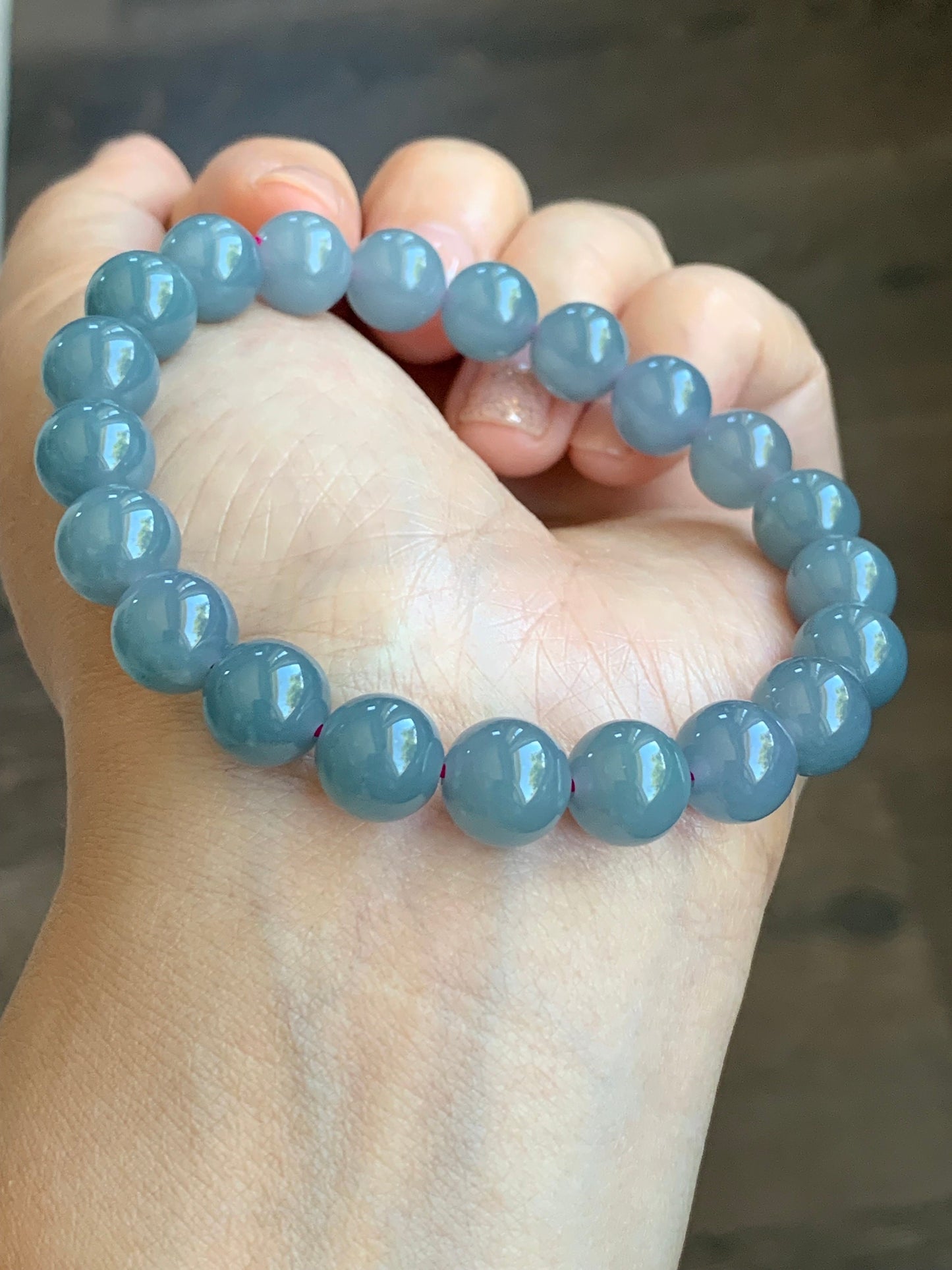 Natural Guatemalan Icy Translucent Purplish Blue Jadeite Beaded Bracelet Stretchy 9.6mm 7.25” 天然冰危蓝紫翡翠圆珠手串 LZD829