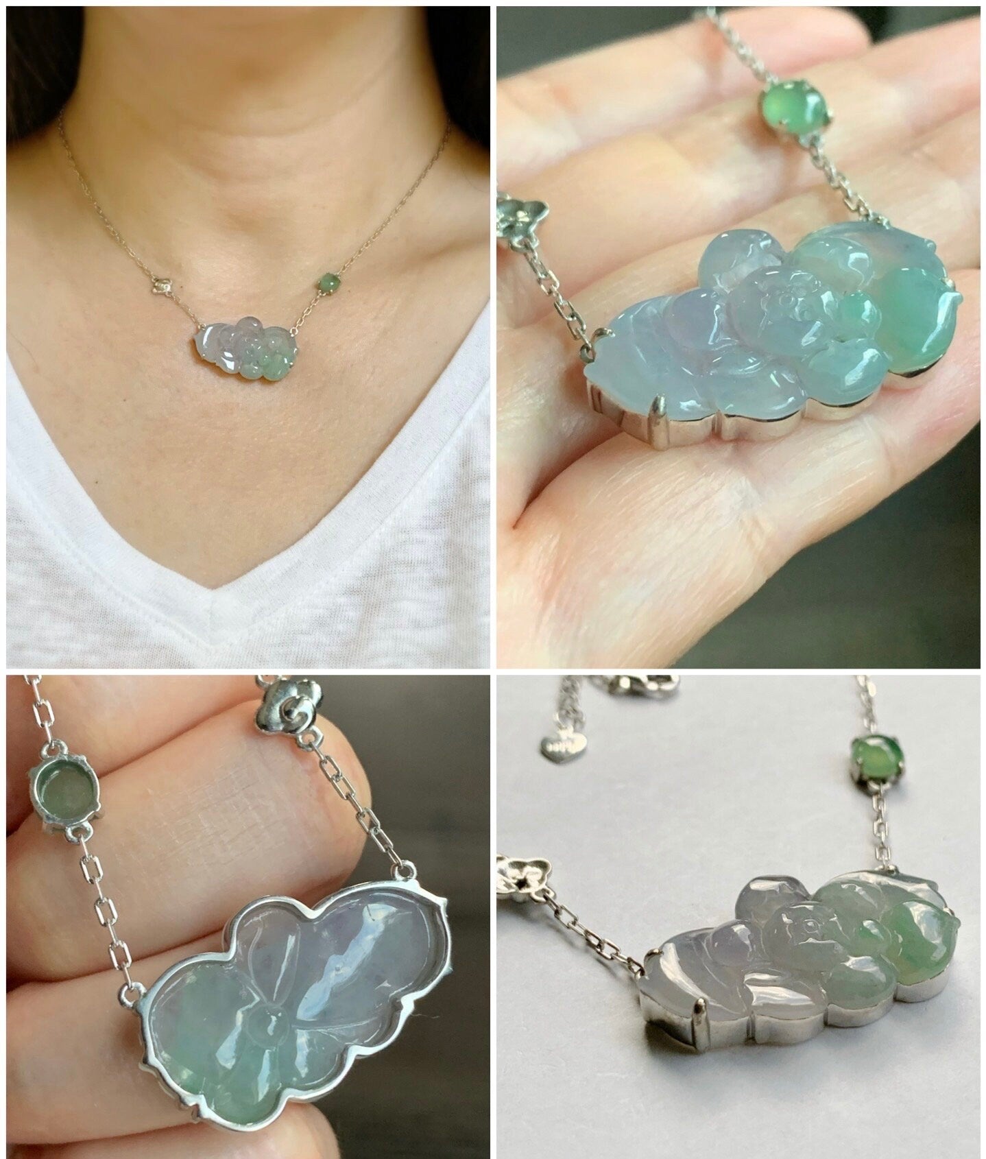 Certified Natural Burmese Grade A Icy Translucent Gelatinous Purple Green Jadeite Lotus Flower Rope Necklace Sterling Silver 天然缅甸冰春彩翡翠莲花锁骨链