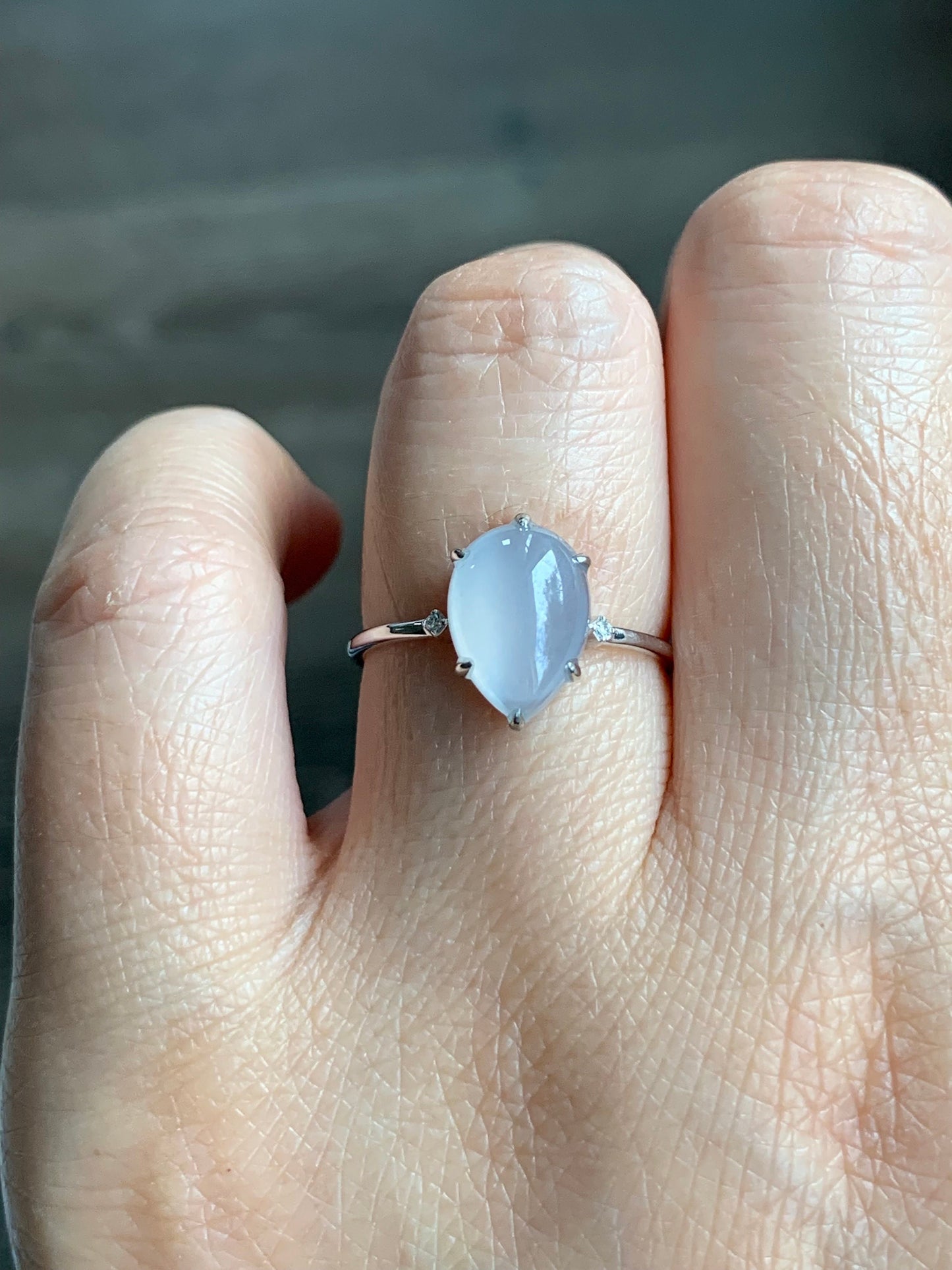 Certified Natural Burmese Icy Translucent Gelatinous White Jadeite Teardrop Ring 18K White Gold and Diamonds size 7 天然缅甸白冰胶翡翠水滴镶嵌戒指 1690