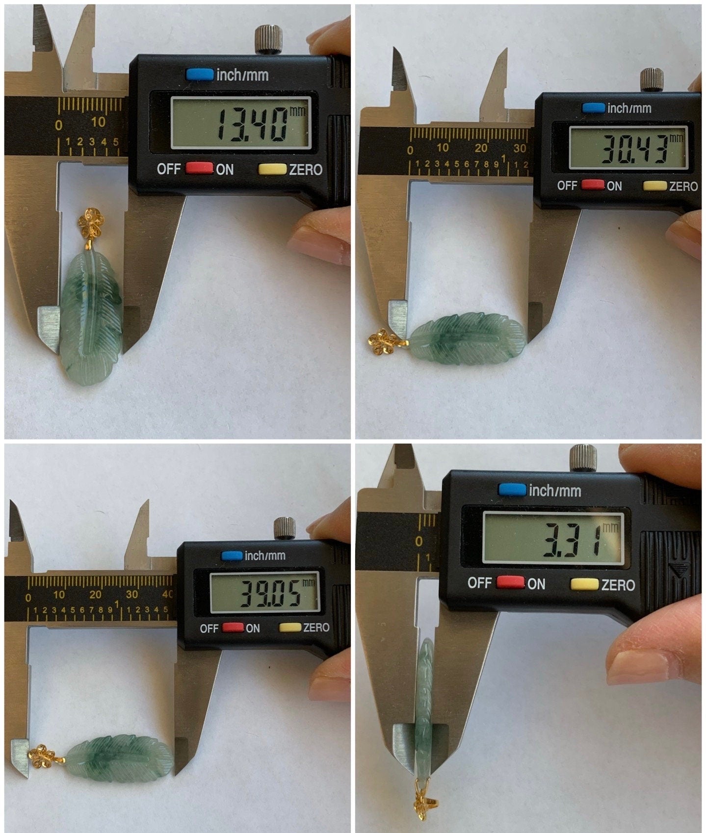 Natural Burmese Icy Translucent Gelatinous Green Marbled Jadeite Carved Feather Pendant 18K Yellow Gold Bail 天然缅甸冰飘花翡翠羽毛镶嵌吊坠