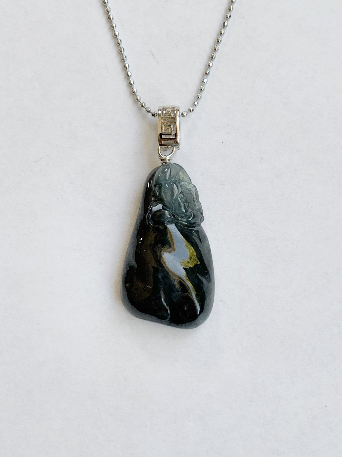 Natural Burmese Icy Highly Translucent Dark Wuj Jadeite Carved Lotus Flower Pendant Sterling Silver Bail 天然缅甸冰胶乌鸡翡翠随形莲花吊坠