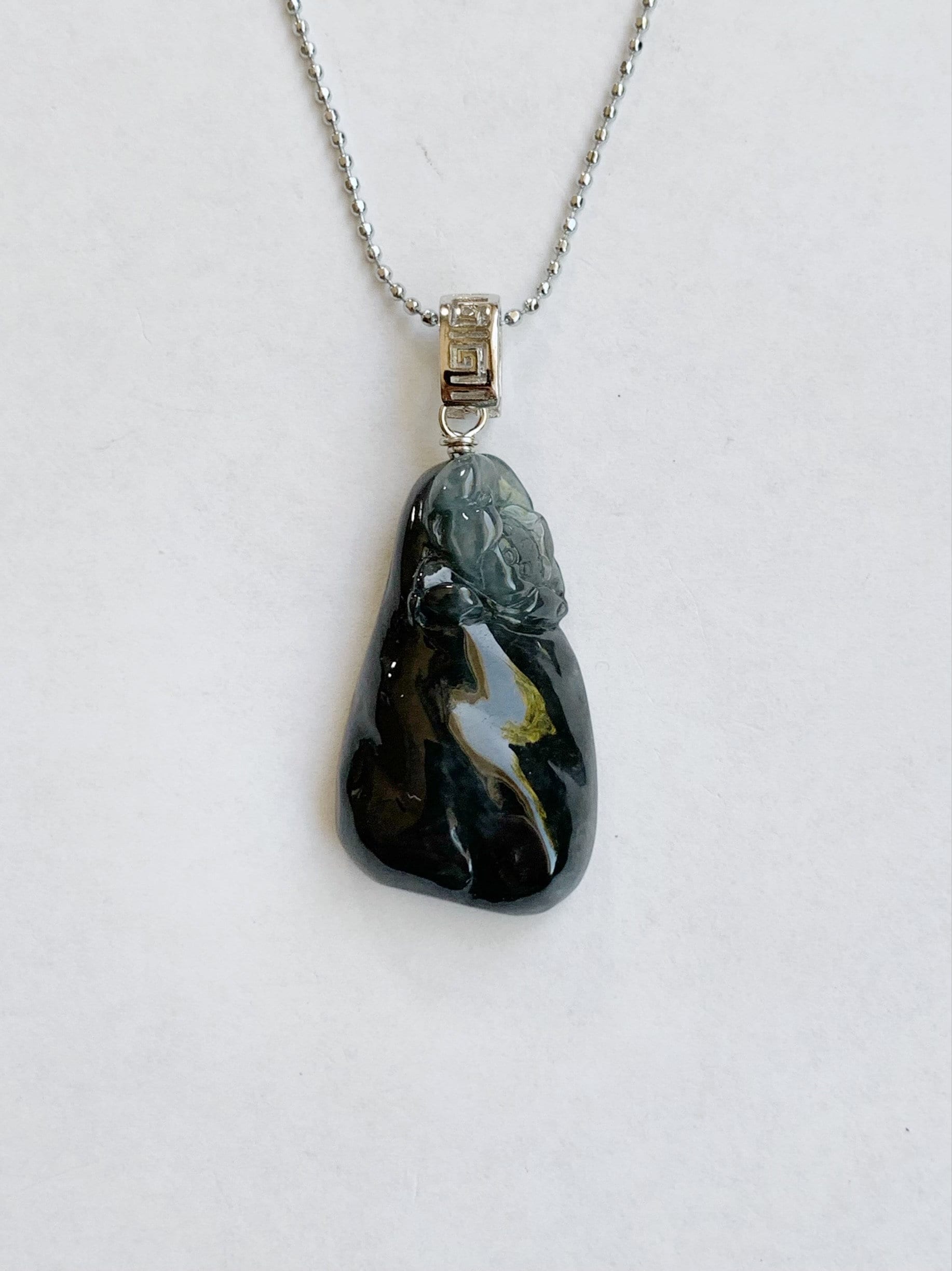 Natural Burmese Icy Highly Translucent Dark Wuj Jadeite Carved Lotus Flower Pendant Sterling Silver Bail 天然缅甸冰胶乌鸡翡翠随形莲花吊坠