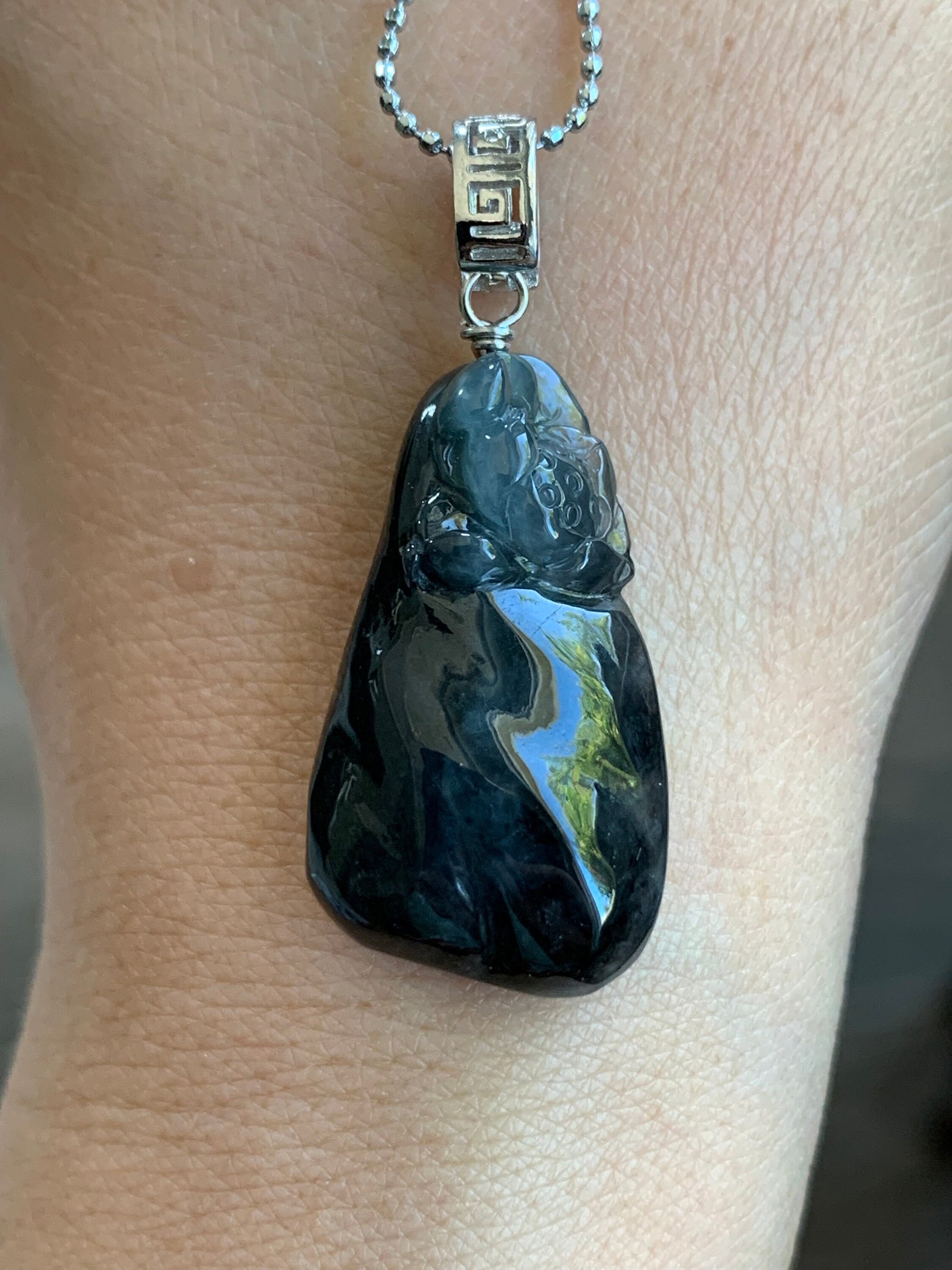 Natural Burmese Icy Highly Translucent Dark Wuj Jadeite Carved Lotus Flower Pendant Sterling Silver Bail 天然缅甸冰胶乌鸡翡翠随形莲花吊坠