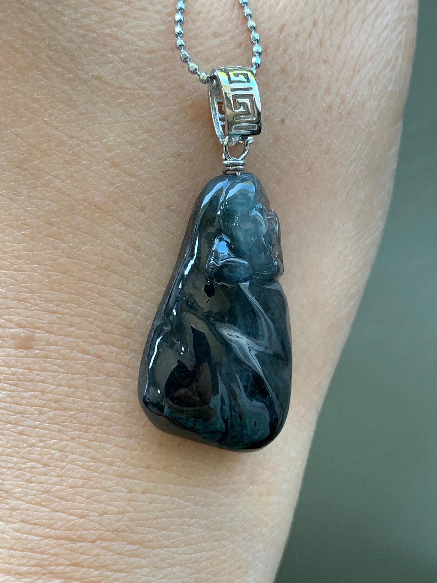 Natural Burmese Icy Highly Translucent Dark Wuj Jadeite Carved Lotus Flower Pendant Sterling Silver Bail 天然缅甸冰胶乌鸡翡翠随形莲花吊坠