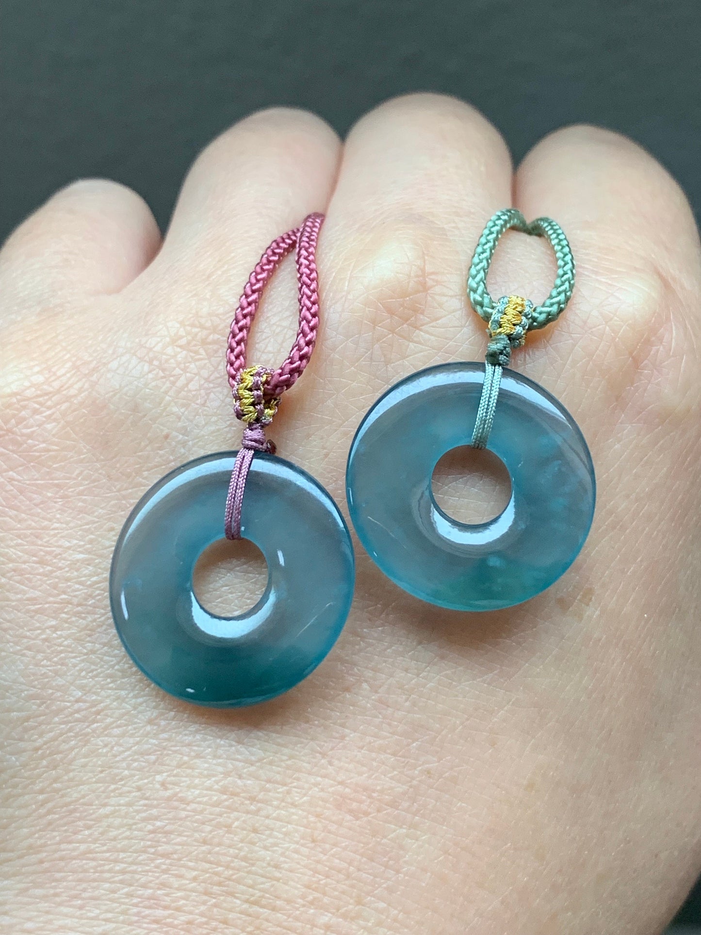 Natural Guatemalan Icy Highly Translucent Teal Blue Jadeite Ping An Kou Donut Pendant Rope Necklace 24” 天然冰危老蓝水翡翠平安扣吊坠