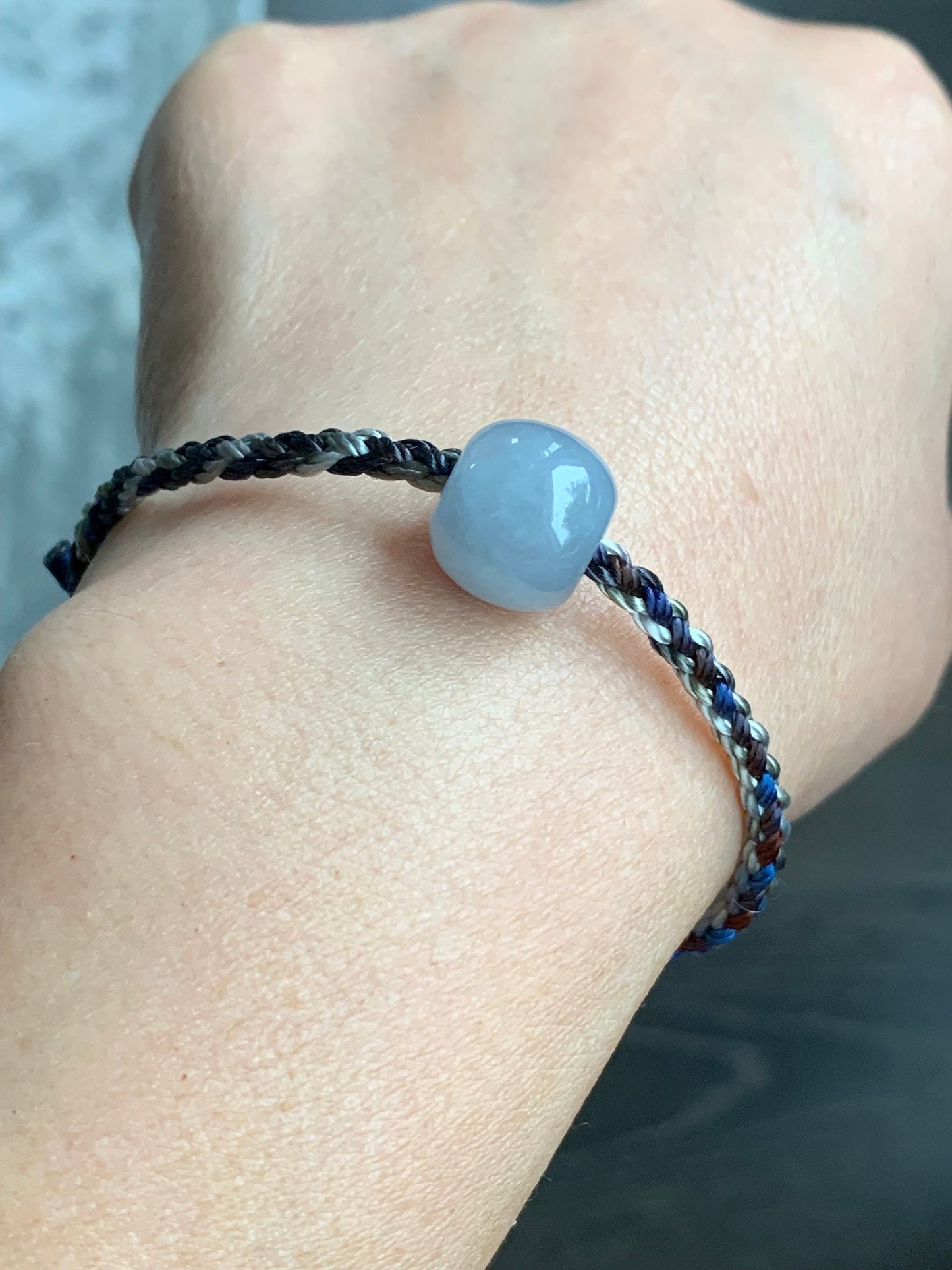 Natural Burmese Icy Translucent Sky Blue Jadeite Large Drum Bead Rope Bracelet w/ 999 Silver Drum Beads Adjustable 天然缅甸冰胶天空蓝翡翠大鼓珠足银环手绳