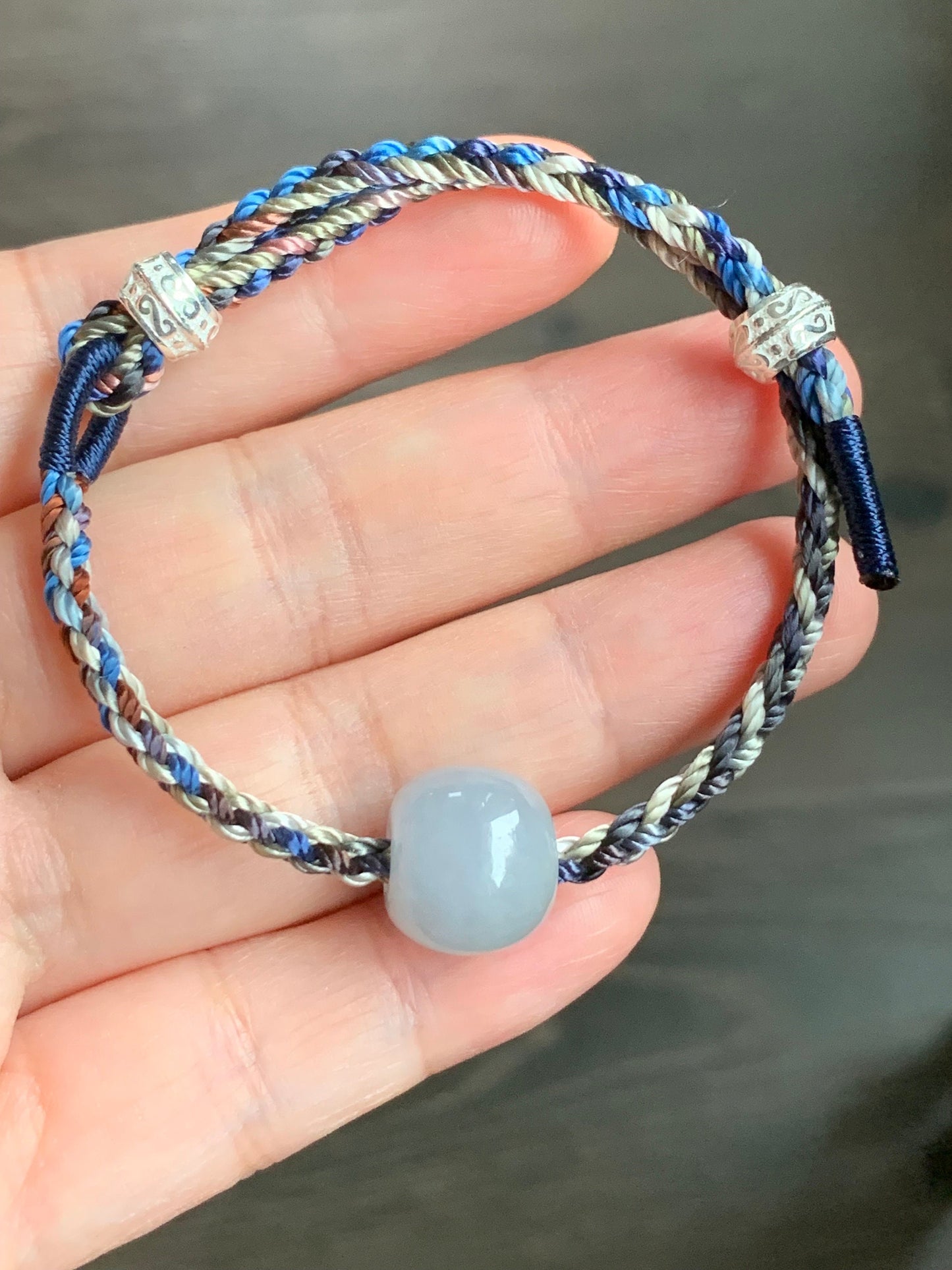 Natural Burmese Icy Translucent Sky Blue Jadeite Large Drum Bead Rope Bracelet w/ 999 Silver Drum Beads Adjustable 天然缅甸冰胶天空蓝翡翠大鼓珠足银环手绳