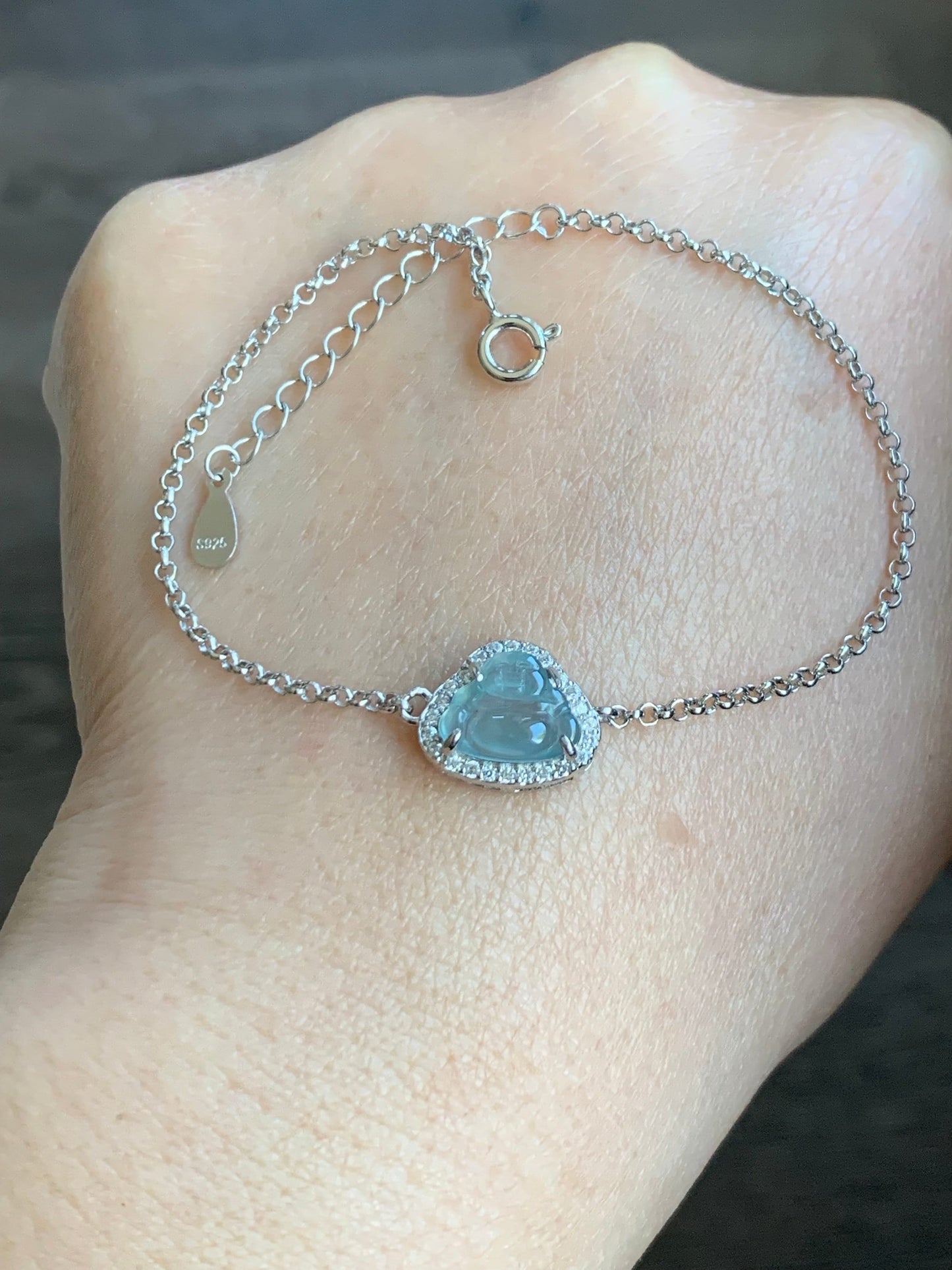 Natural Guatemalan Icy Highly Translucent Sky Blue Jadeite Buddha Rolo Chain Bracelet Sterling Silver 6.5" Adjustable 天然冰危天空蓝翡翠小佛公银镶手链