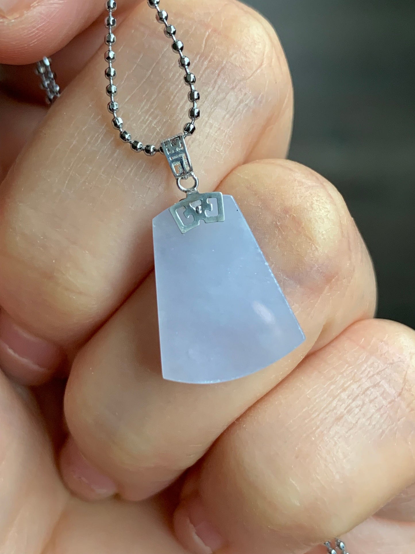 Certified Natural Burmese Icy Translucent Gelatinous Light Purple Jadeite Trapezoid Wu Shi Pai Pendant 18K White Gold 天然缅甸冰淡紫翡翠梯形无事牌吊坠