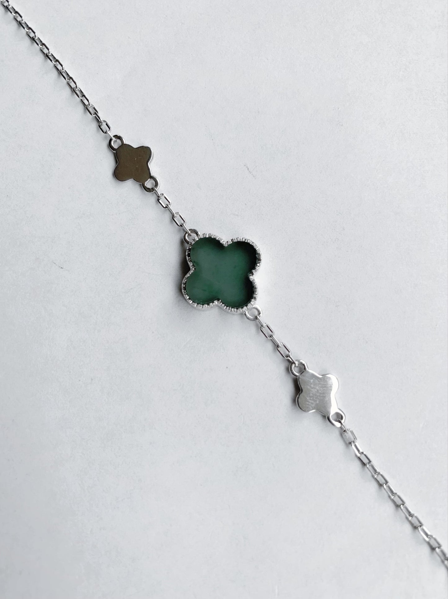 Certified Natural Guatemalan Icy Translucent Teal Green Jadeite Clover Leaf Quatrefoil Design Bracelet Sterling Silver 天然冰危湖水蓝翡翠四叶草银镶手链 1684