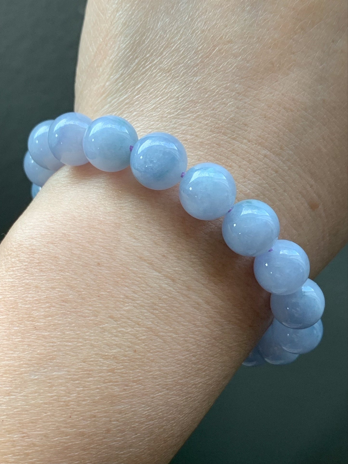 RARE FIND Certified Natural Burmese Icy Translucent Purple Jadeite w/ Green Marbling Beaded Bracelet 10mm 7” 32.3 grams 天然缅甸冰淡紫飘花翡翠大卡手串 3787