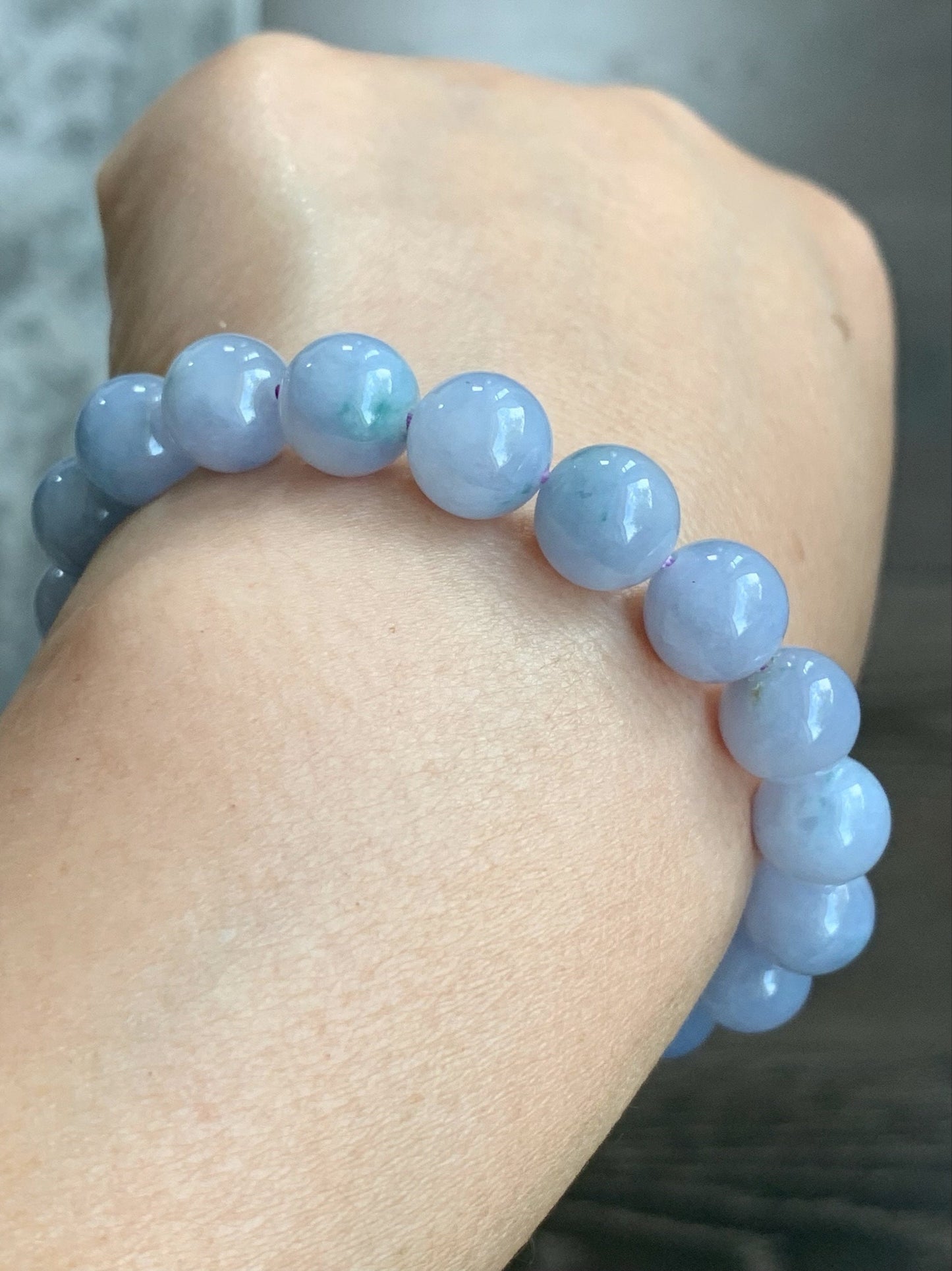 RARE FIND Certified Natural Burmese Icy Translucent Purple Jadeite w/ Green Marbling Beaded Bracelet 10mm 7” 32.3 grams 天然缅甸冰淡紫飘花翡翠大卡手串 3787